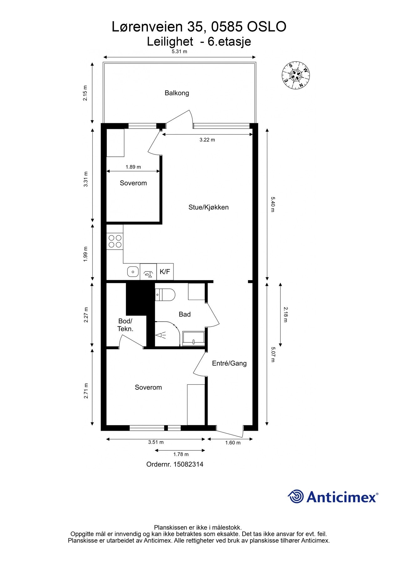 Plantegning 6. etasje med heis. I tillegg disponerer leiligheten en kjellerbod på 5m², samt en garasjeplass med elbil-lader. Galleribilde