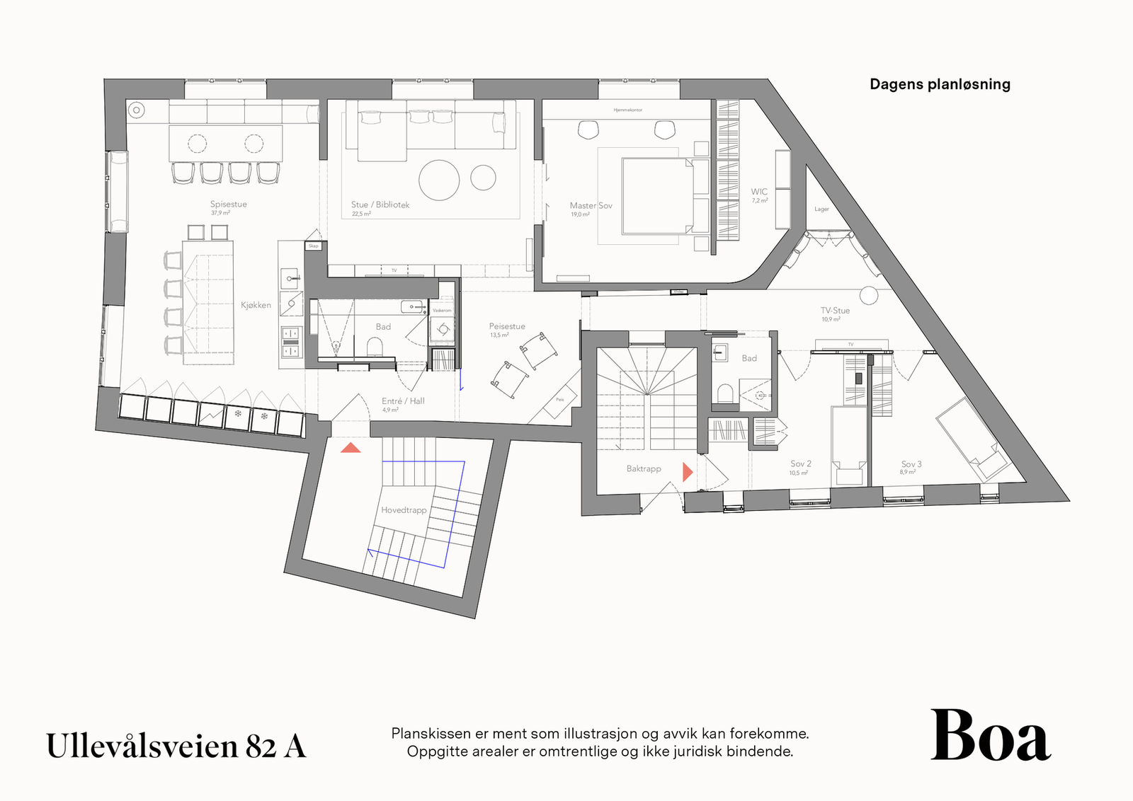 En gjennomgående hjørneleilighet på 150 m² med en sjenerøs og fleksibel planløsning. Kjøkken og hovedbad ble oppgradert i 2023. Galleribilde