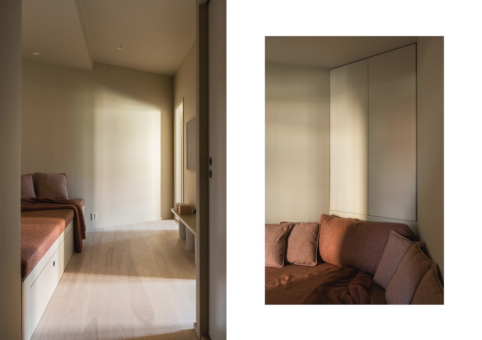 Plassbygget benk med oppbevaring gir en praktisk og hyggelig sone i allrommet. Galleribilde