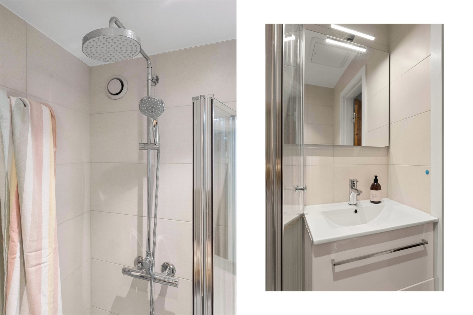 Badet er innredet med dusjhjørne, servant med innredning og speil og det er opplegg for vaskemaskin. Galleribilde