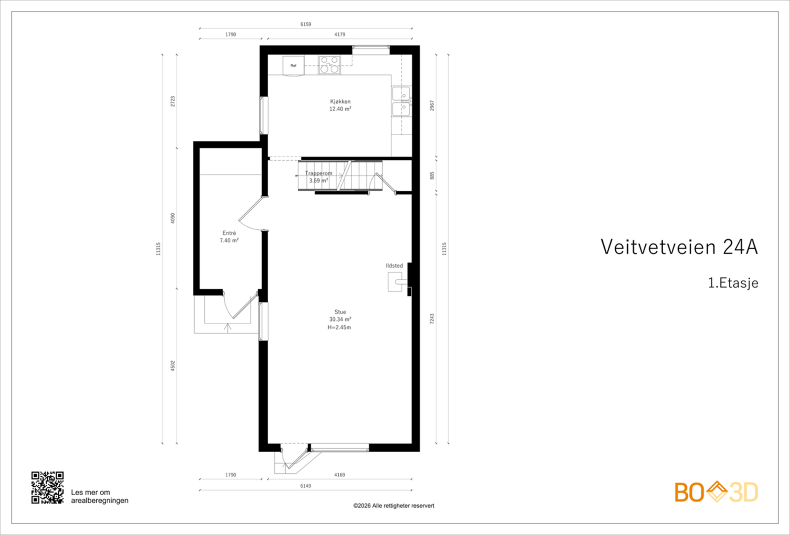 1. etasje inneholder entré, stue og kjøkken - totalt 56 kvadratmeter Galleribilde