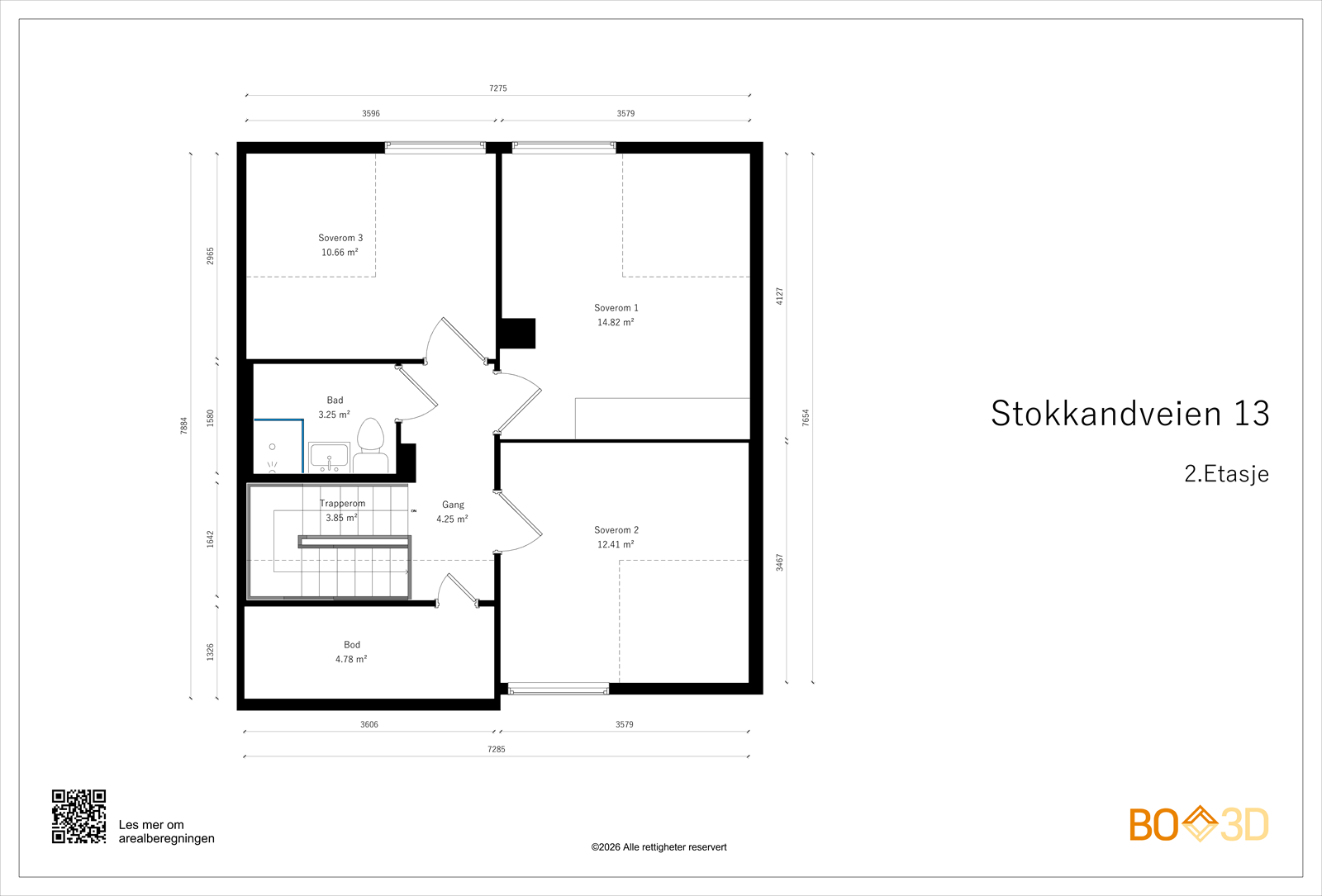 Andre etasje har en privat sone med tre soverom, bad og en bod for lagring. Galleribilde