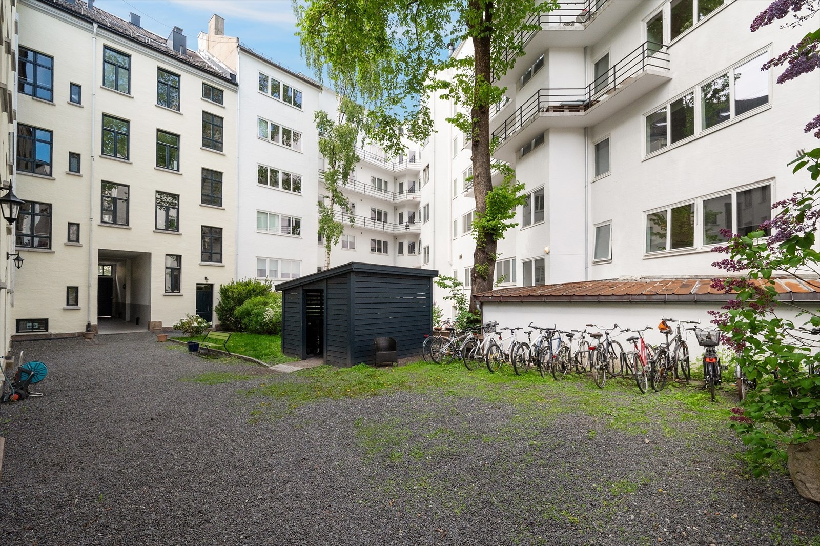 Felles sykkelparkering i lukket bakgård og fellesvaskeri i kjeller. Galleribilde