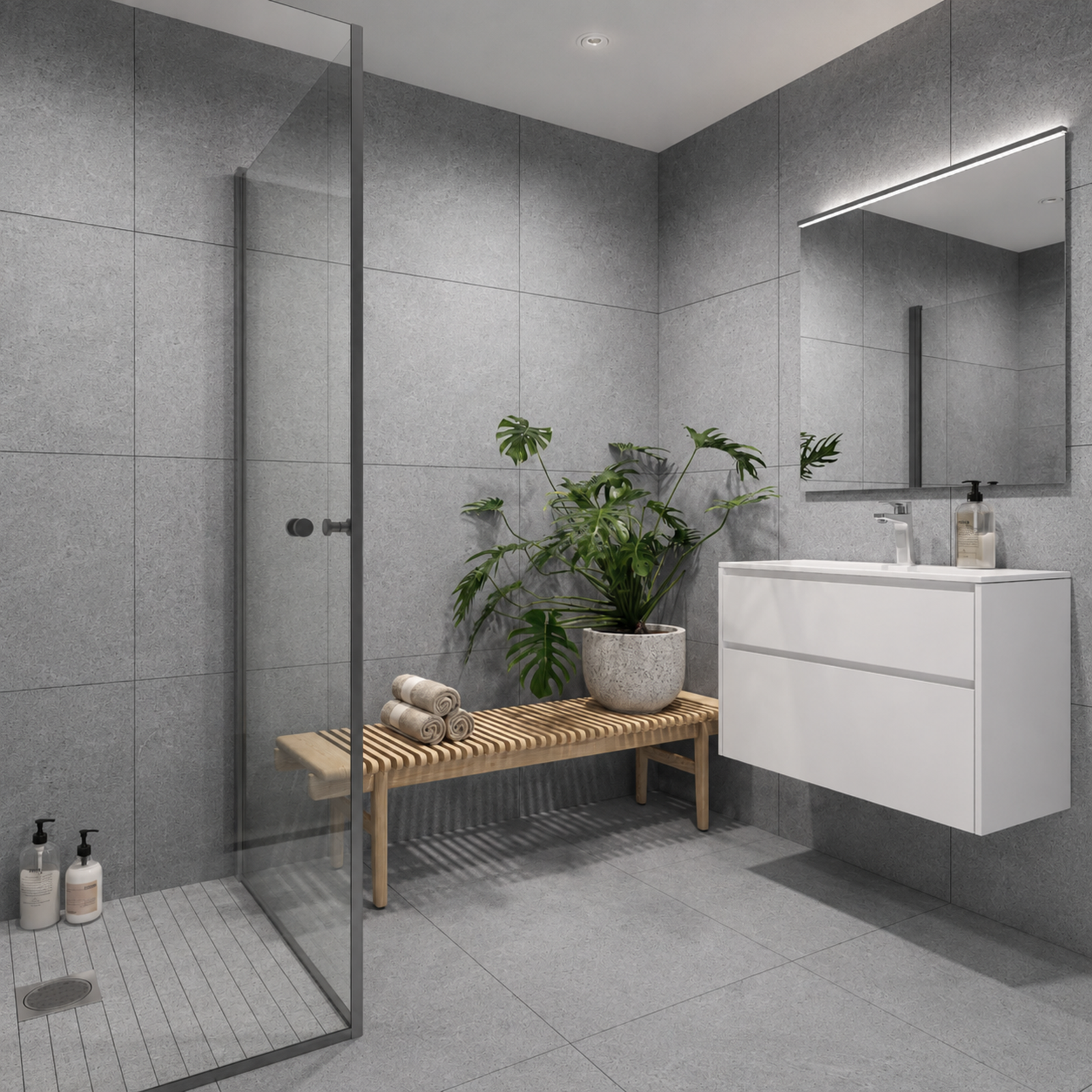 - Helfliset bad på 4,3 m² med Marazzi Factor Grigio-fliser i størrelse 60x60 - (Merk: Illustrasjonsbilde, avvik vil forekomme) Galleribilde