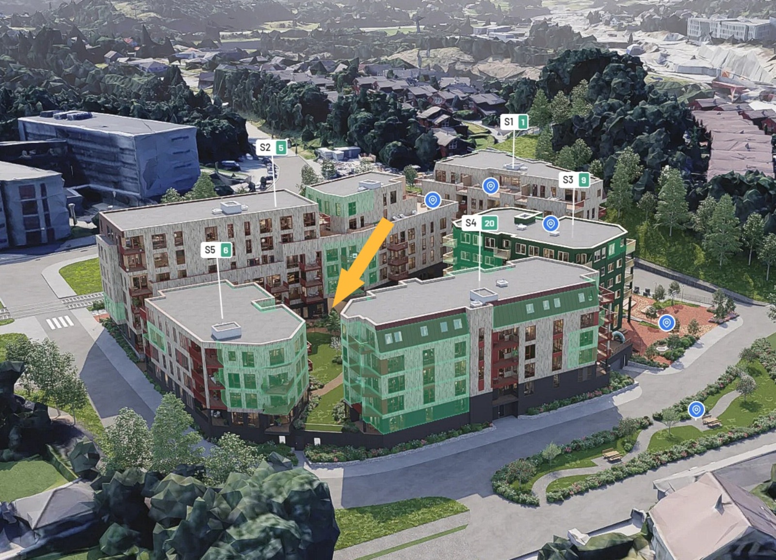 - Fin hjørneplassering, skjermet fra bybanesporet og med utsyn mot fellestunet - Galleribilde