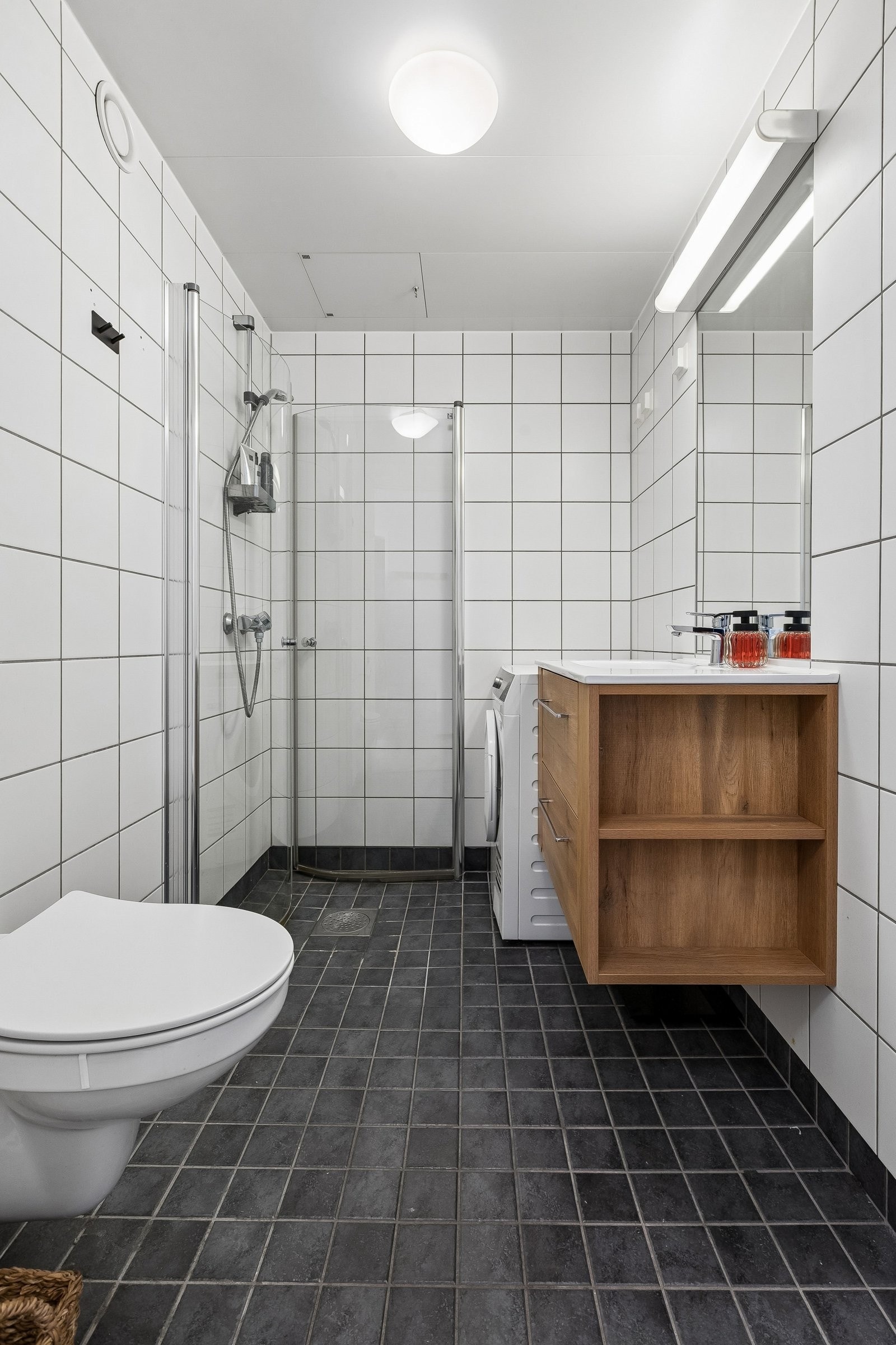 Badet har dusj, toalett og opplegg for vaskemaskin. Galleribilde