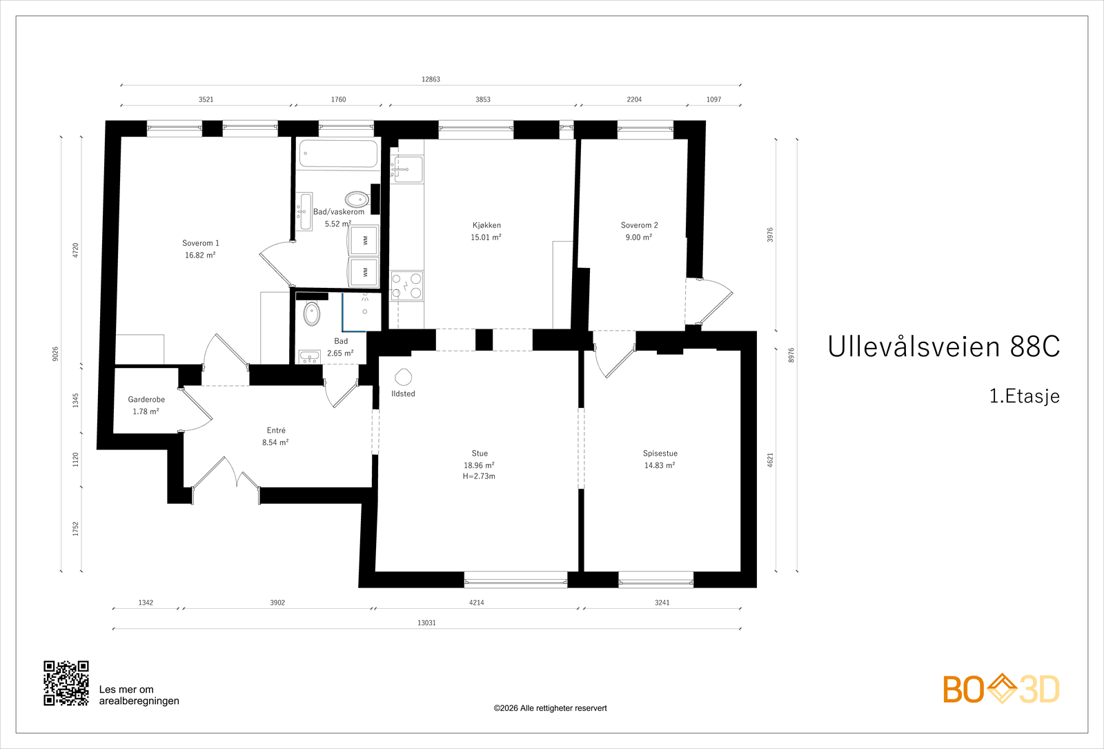 Høy 1. etg (102 kvm BRA-i) består av: Entré, garderobe, bad, kjøkken, stue, spisestue, soverom 1, soverom 2, bad/vaskerom. I tillegg har du 3 stk. boder med ca. 22 kvm gulvareal. Galleribilde