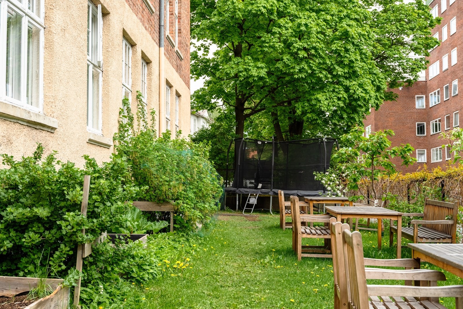 Her finner du flere plantekasser, epletrær, felles trampoline for de små, m.m. Galleribilde