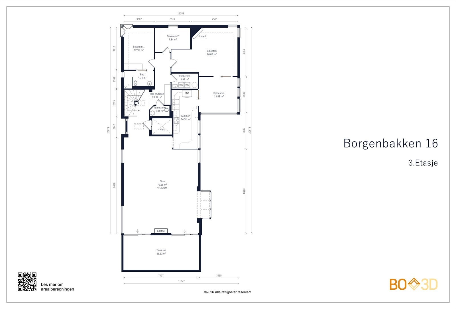 3. etasje, bra-i 185 m²: Hall med trapp og heis, hovedstue, kjøkken, spisestue, bibliotek, toalettrom, vaskerom, bad/wc og to soverom. Galleribilde