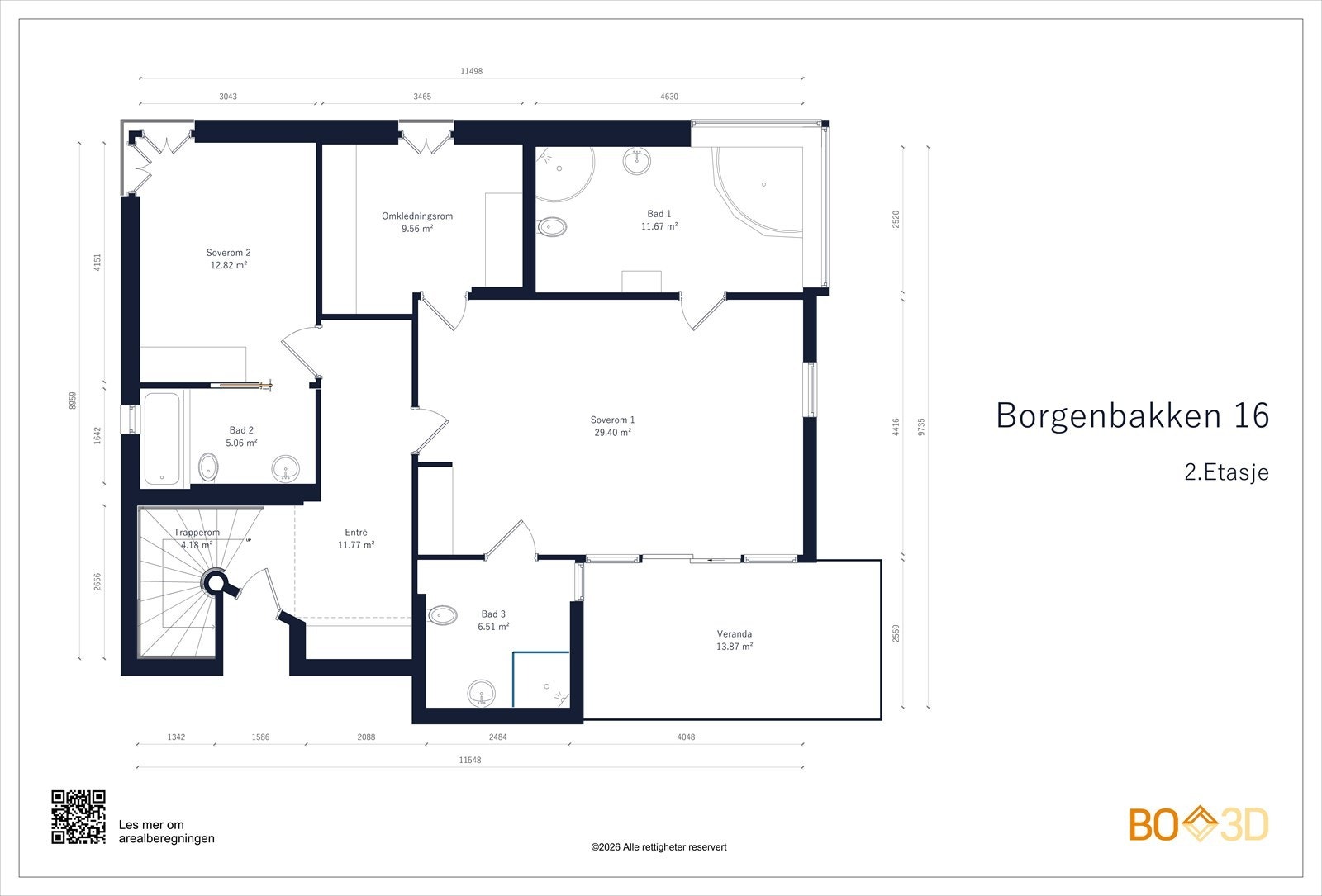 2. etasje, 94 m²: Entré, trapperom, to soverom, 3 bad/wc, omkledningsrom (opprinnelig soverom) Galleribilde