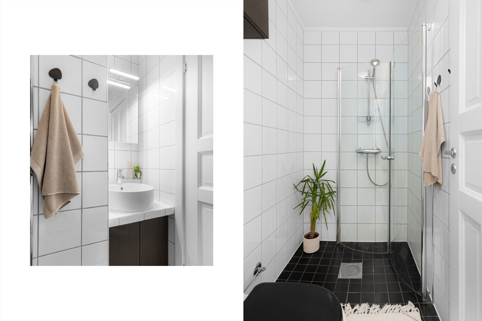 Badet er utstyrt med servant med servantskap, toalett, hjørnedusj med innfellbare glassdører og opplegg for vaskemaskin. Det er også gratis fellesvaskeri i kjeller. Galleribilde