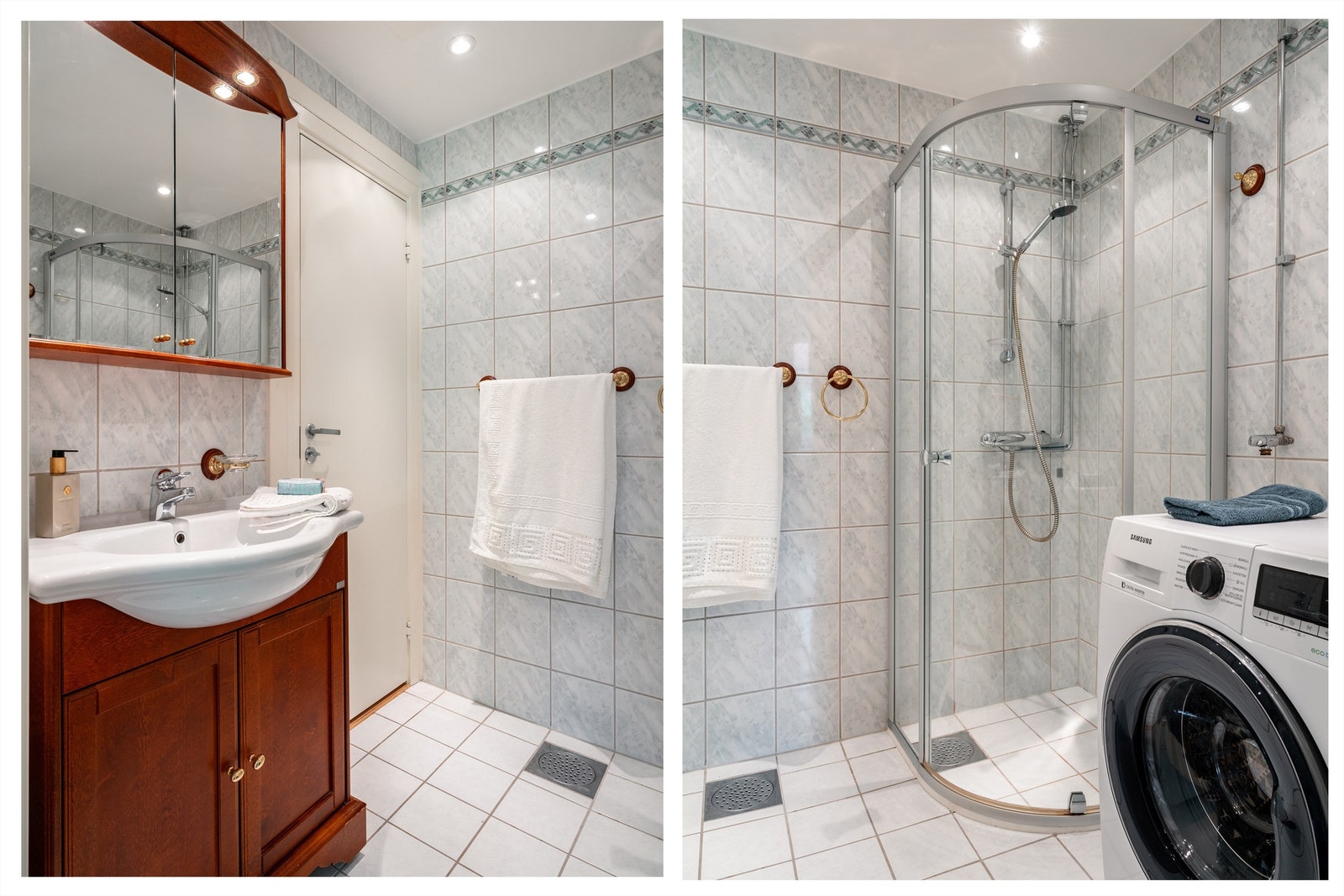 Badet har fliser på gulv og vegger, elektrisk gulvvarme og opplegg for vaskemaskin. Galleribilde