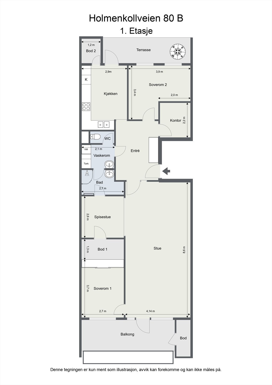 Leiligheten har en gjennomtenkt planløsning på ett plan, med blant annet separat vaskerom, WC og flere boder. Galleribilde