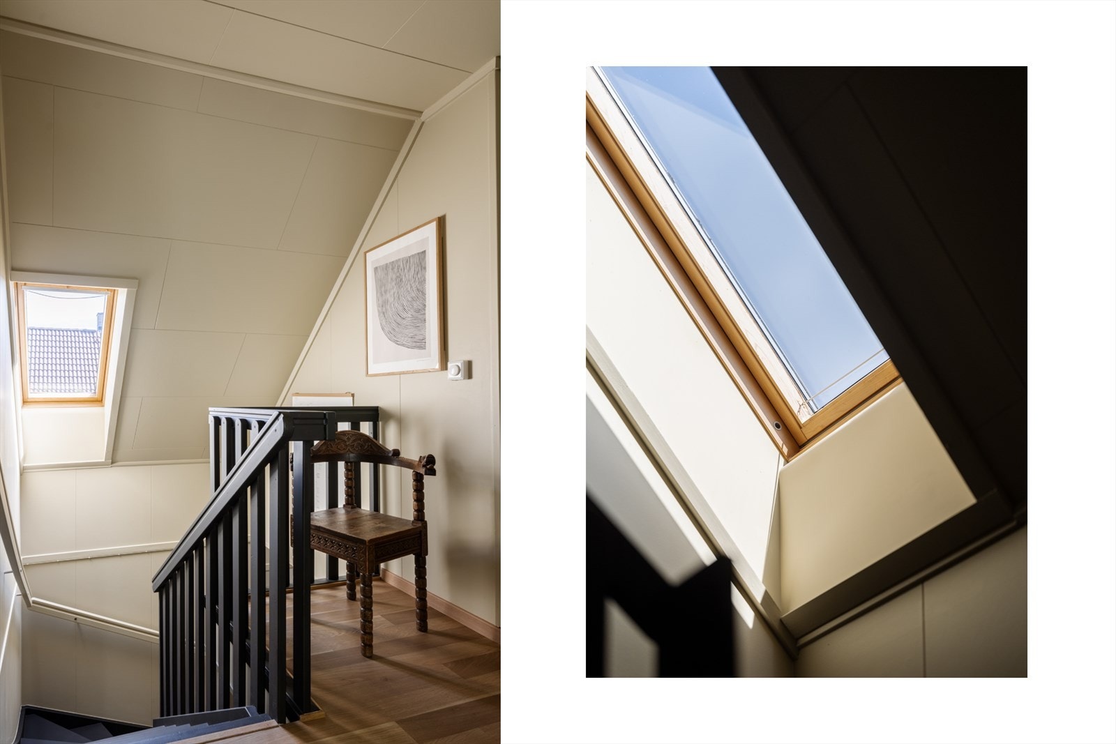 Boligen strekker seg over to etasjer med et trapperom som får naturlig lysinnslipp fra Velux vindu i himling. Galleribilde