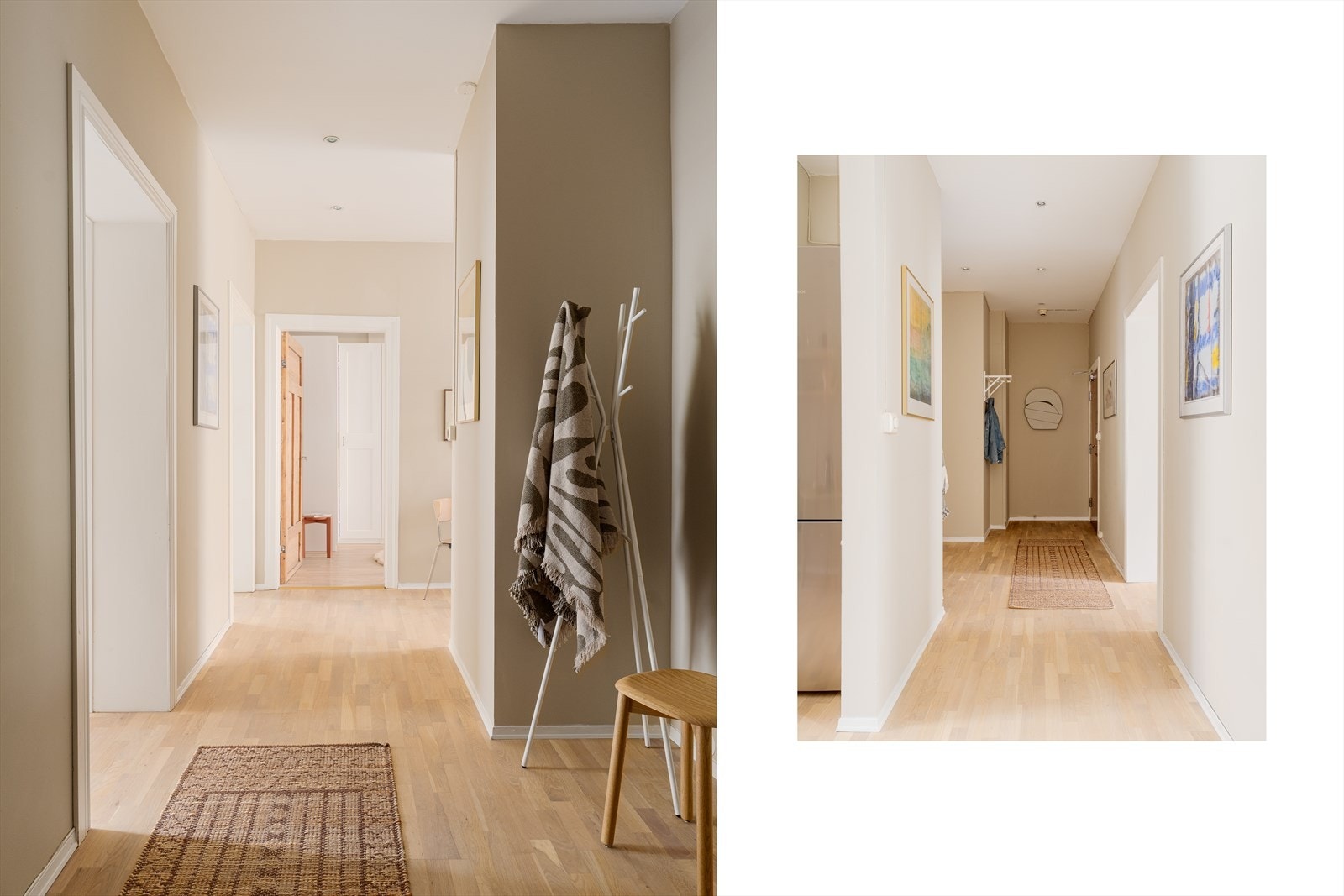 Lys og innbydende entré med downlights i himlingen. Leiligheten disponerer i tillegg to boder, en i kjeller og en i trappeoppgangen, for rikelig med lagringsplass. Galleribilde