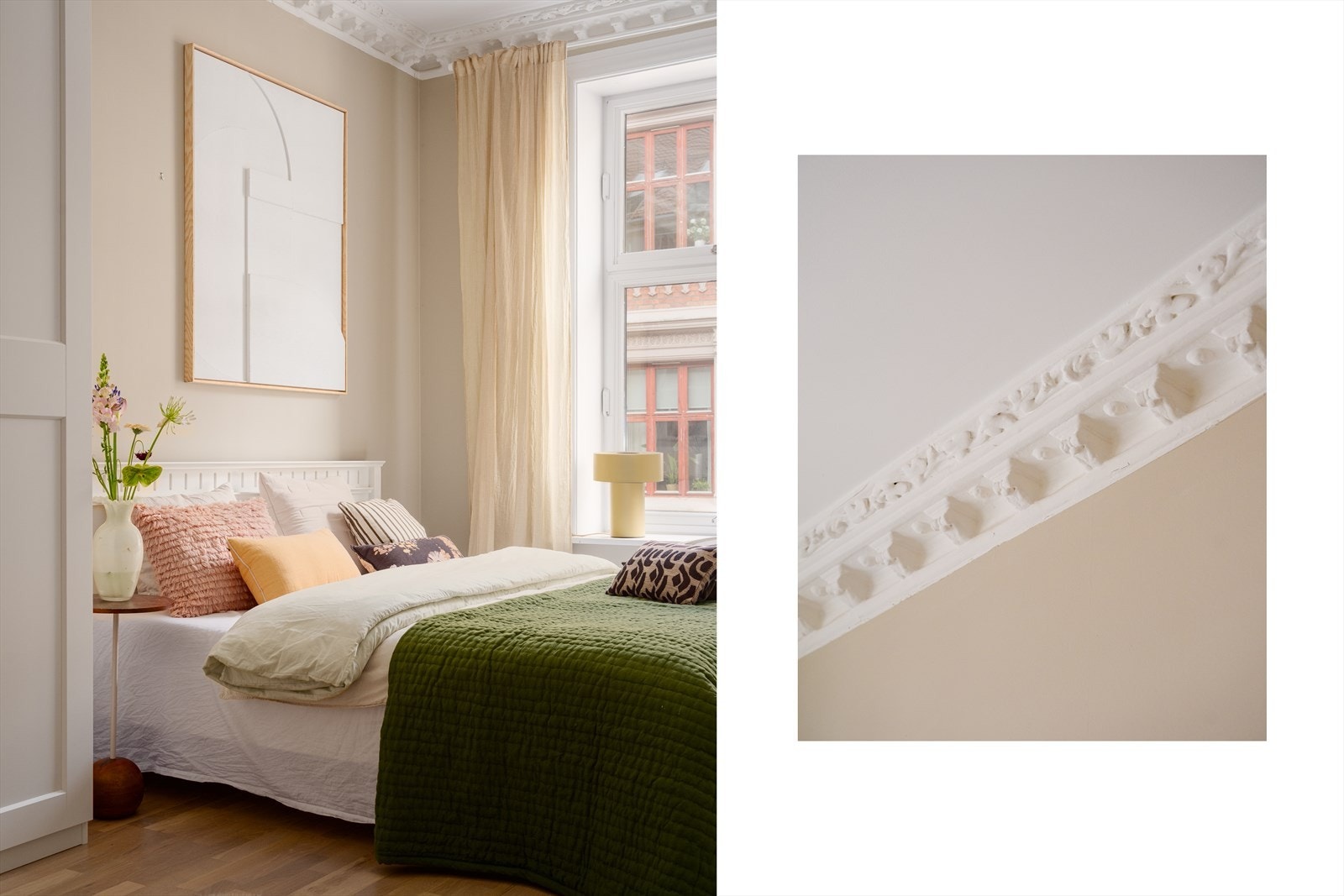 Soverom 2 er også romslig, med god plass til både seng og garderobeløsning. I himlingen er det vakker stukkatur. Galleribilde