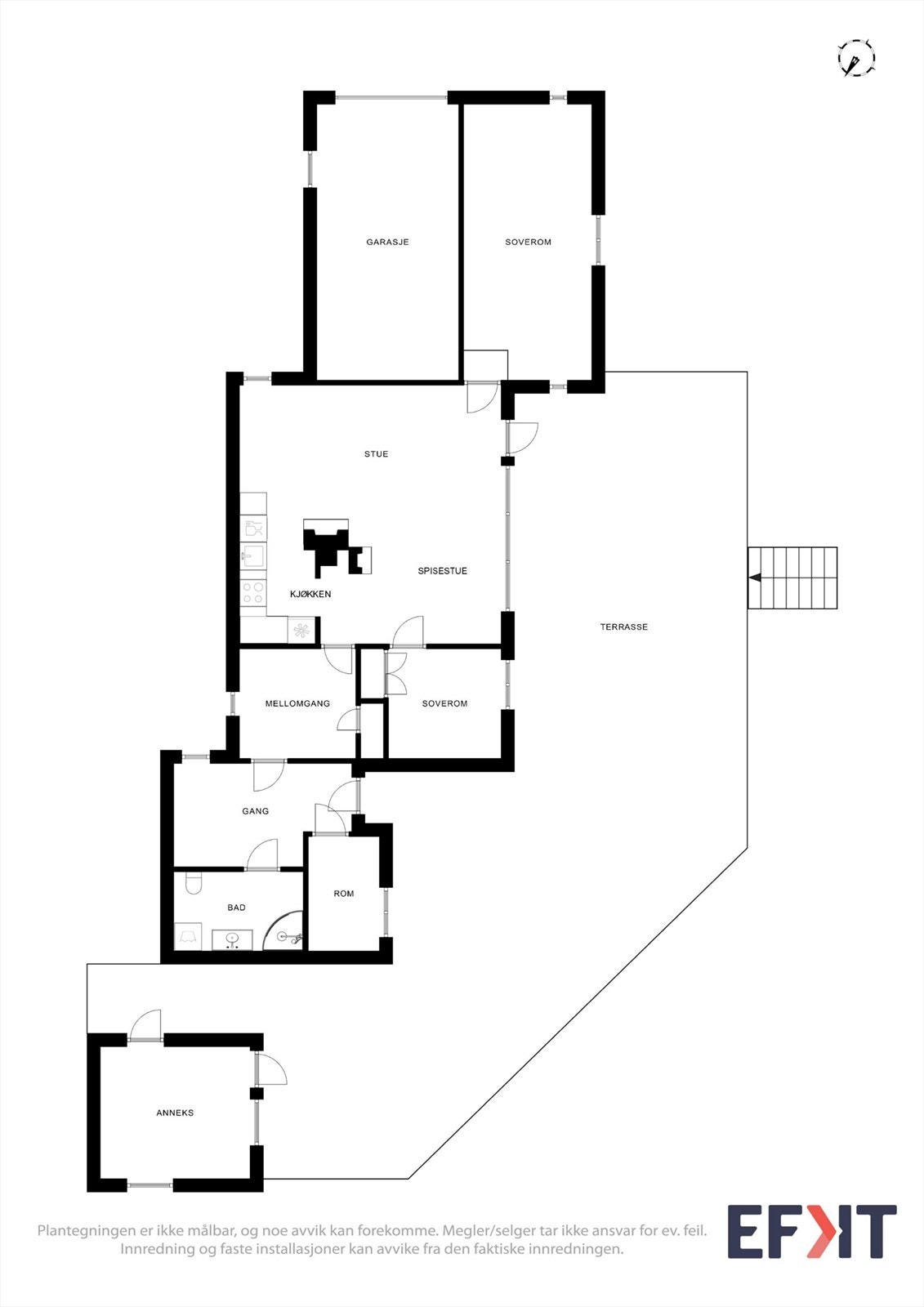 Praktisk planløsning med alt på ett plan. Plantegningen stemmer ikke med byggemeldte tegninger. Galleribilde