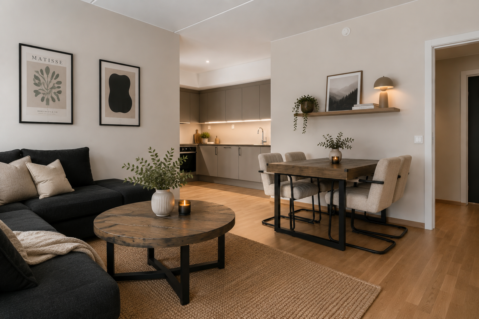 Digital styling av stue og kjøkken. Galleribilde