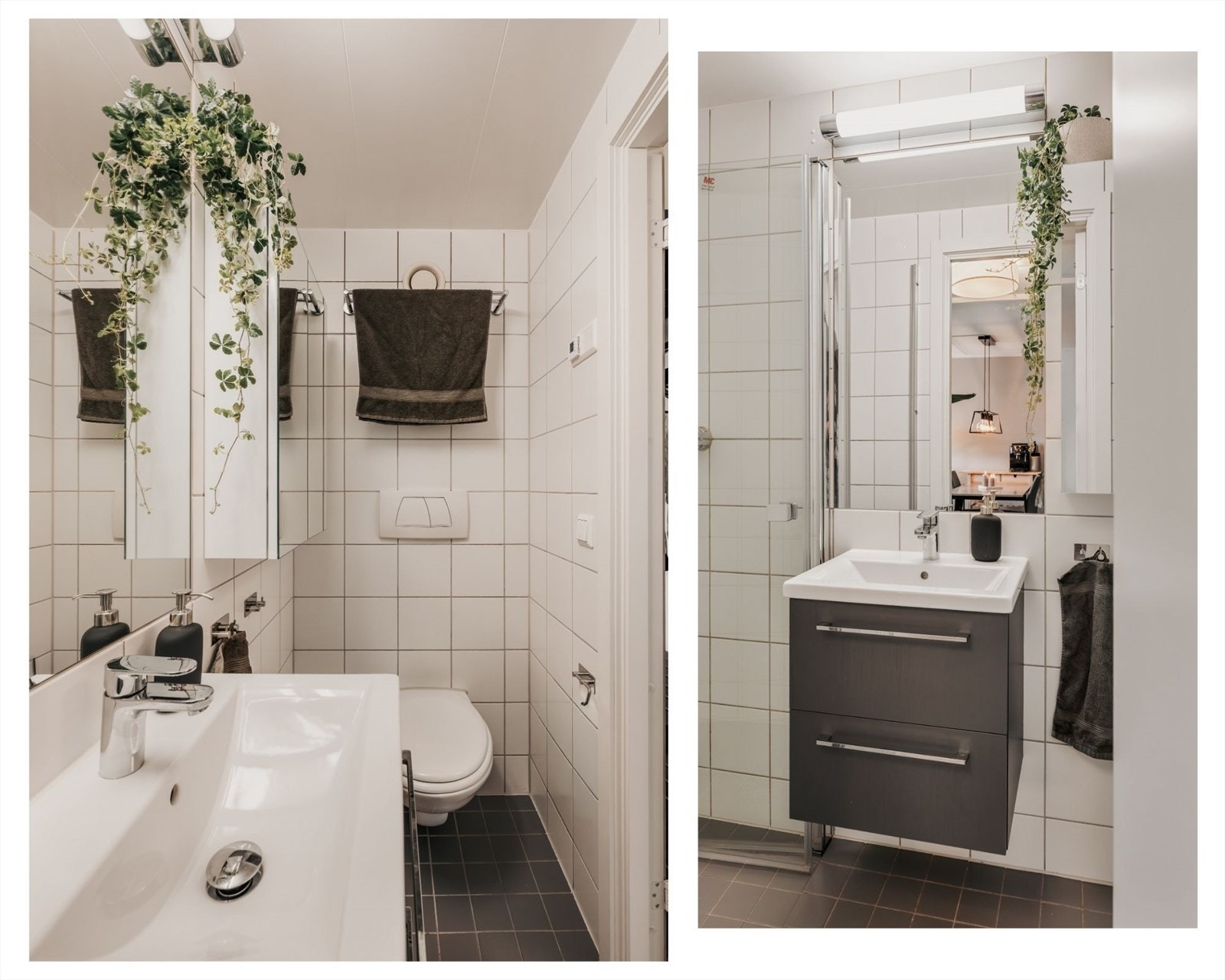 Lyst baderom (våtromskabin fra byggeår) med flislagte overflater. Galleribilde