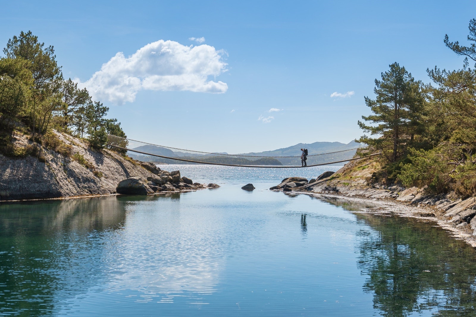 En spennende hengebro fra Vassøy over til naturholmen Litlekalven Galleribilde