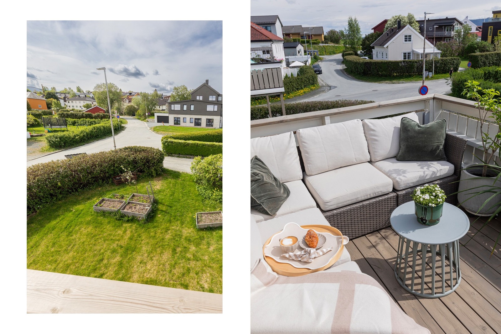 Terrasse med hyggelig utsyn mot grønne arealer, med tilgang til plen og felles uteområder Galleribilde