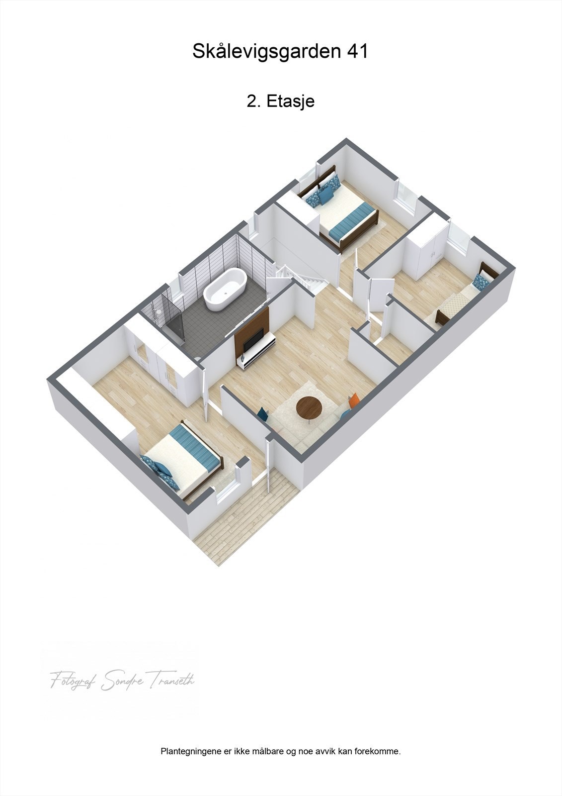 Planløsning 2.etg.: 3 soverom, loftstue, bad Galleribilde
