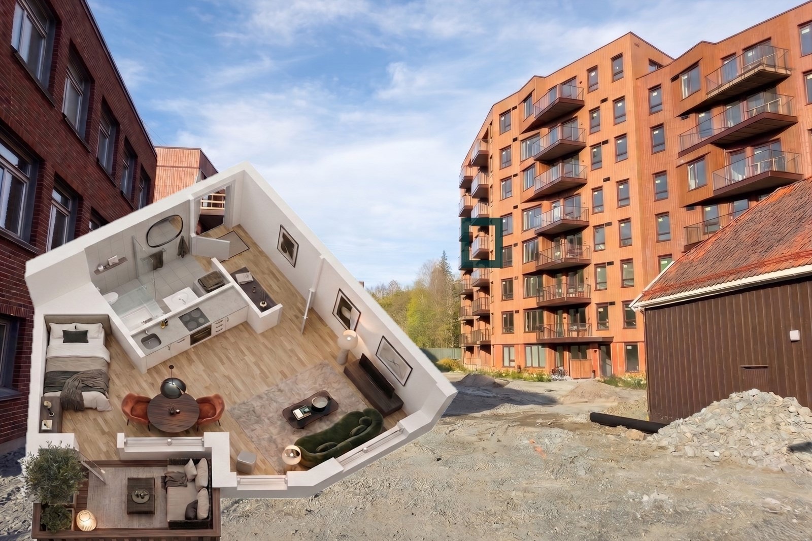 Velkommen til Løxatorget med kort vei til mye. Foto er ryddet digitalt/med KI. Omtrentlig plassering. Avvik vil forekomme. Galleribilde