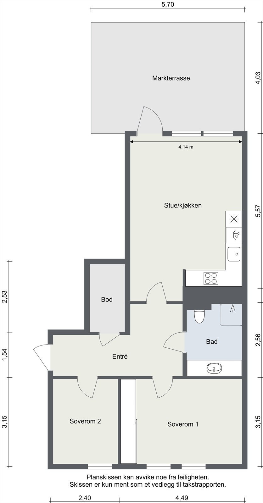 Plantegning. Ekstern bod i fellesareal som medfølger er plassert like utenfor leiligheten. Galleribilde