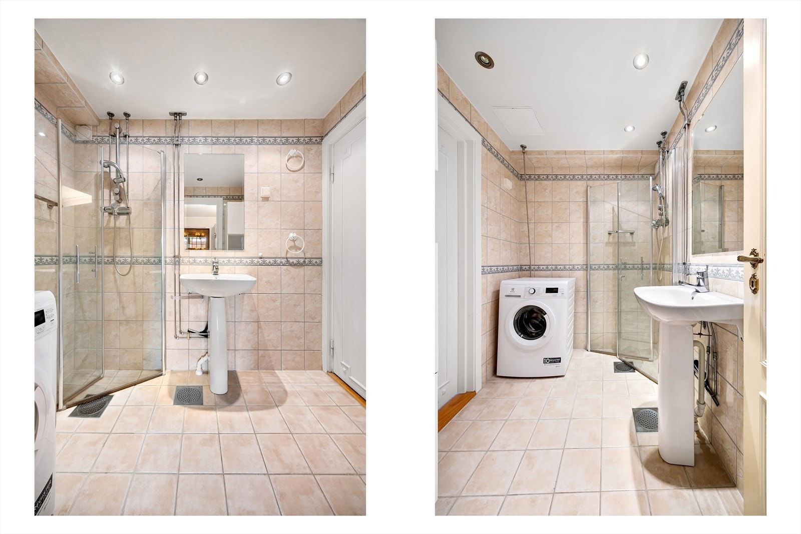 Det er 2 dører til badet, både fra gang og fra kjøkken. De fleste leilighetene har blendet igjen døren fra kjøkkenet til badet. Galleribilde