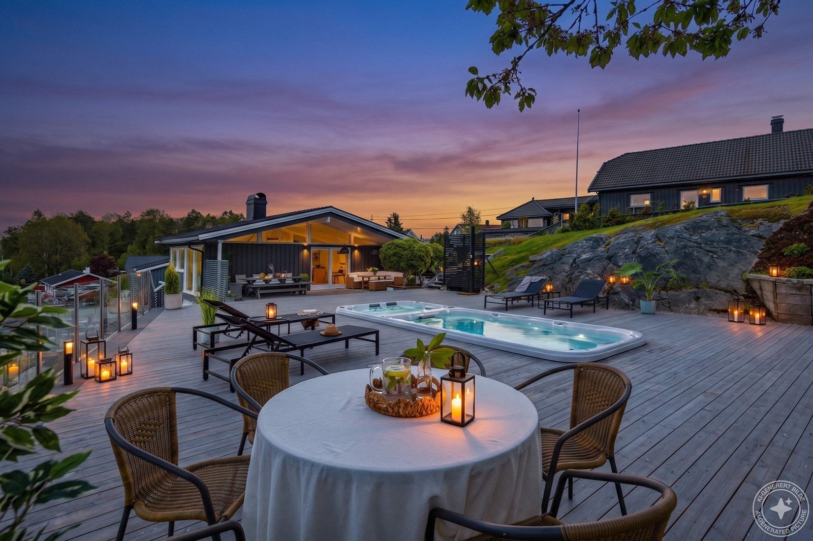 Fantastisk uteområde hvor det bare er å invitere venner og familie på bading og sene sommerkvelder! Motstrømsbasseng og jacuzzi. Galleribilde
