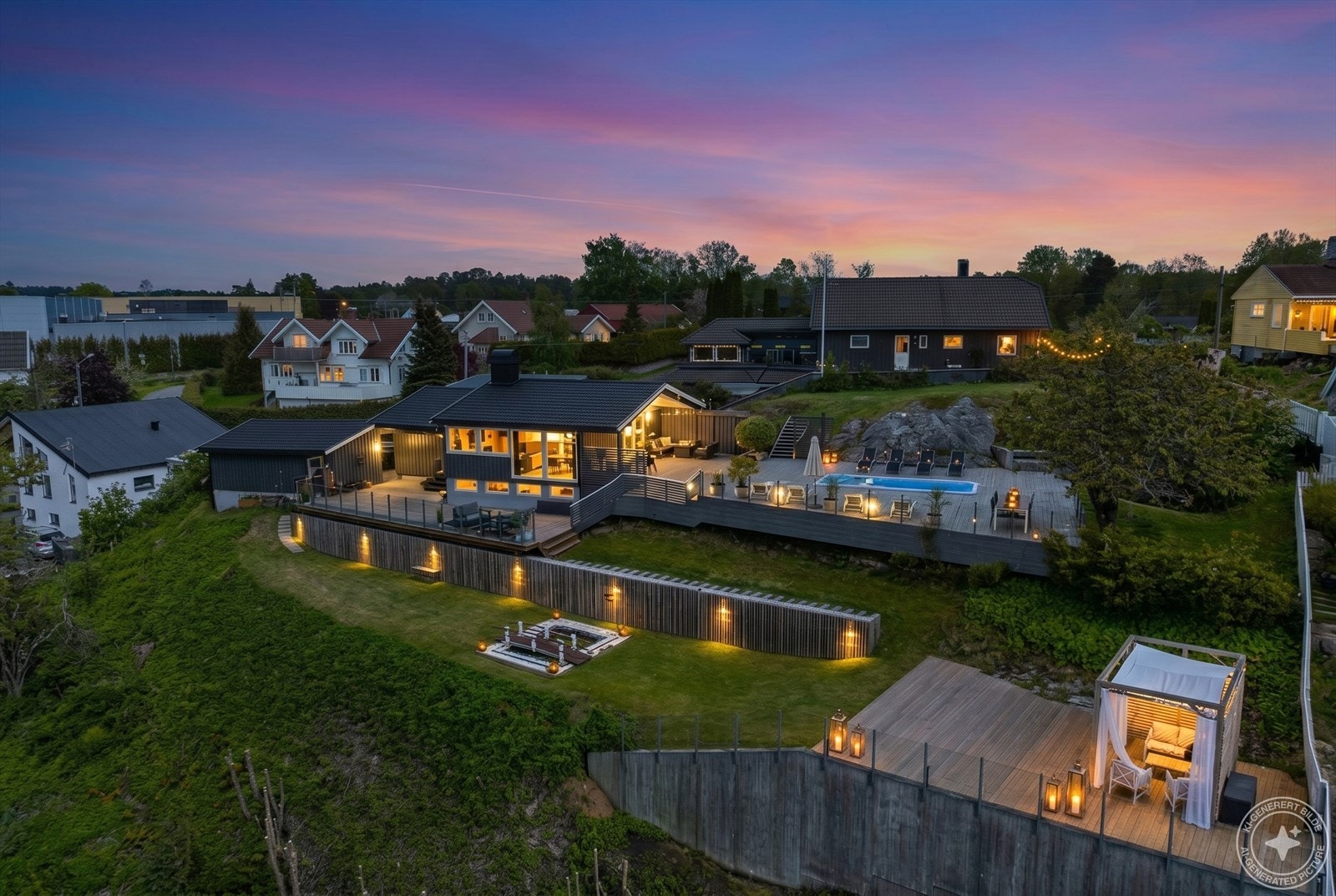 Eiendommen har lekker utebelysning som gir det "lille ekstra" på kveldstid. Det er også flere terrasser, så det er alltid et sted å flytte seg etter sol, skygge eller vind. Pergola, dam, terrasse med glassrekkverk. Galleribilde