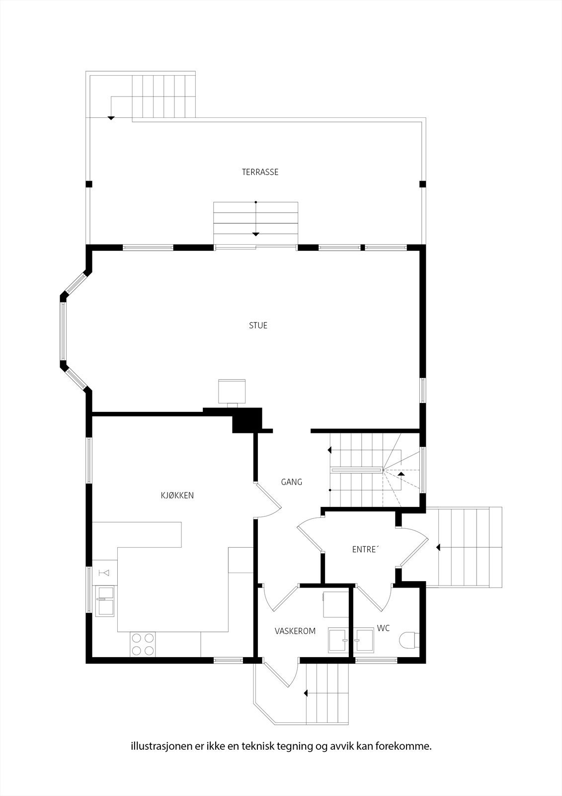 Romslig hovedplan med et godt innhold av rom for fin hverdagsbruk. Gjestewc, vaskerom/bi-inngang, og store oppholdsrom. Galleribilde