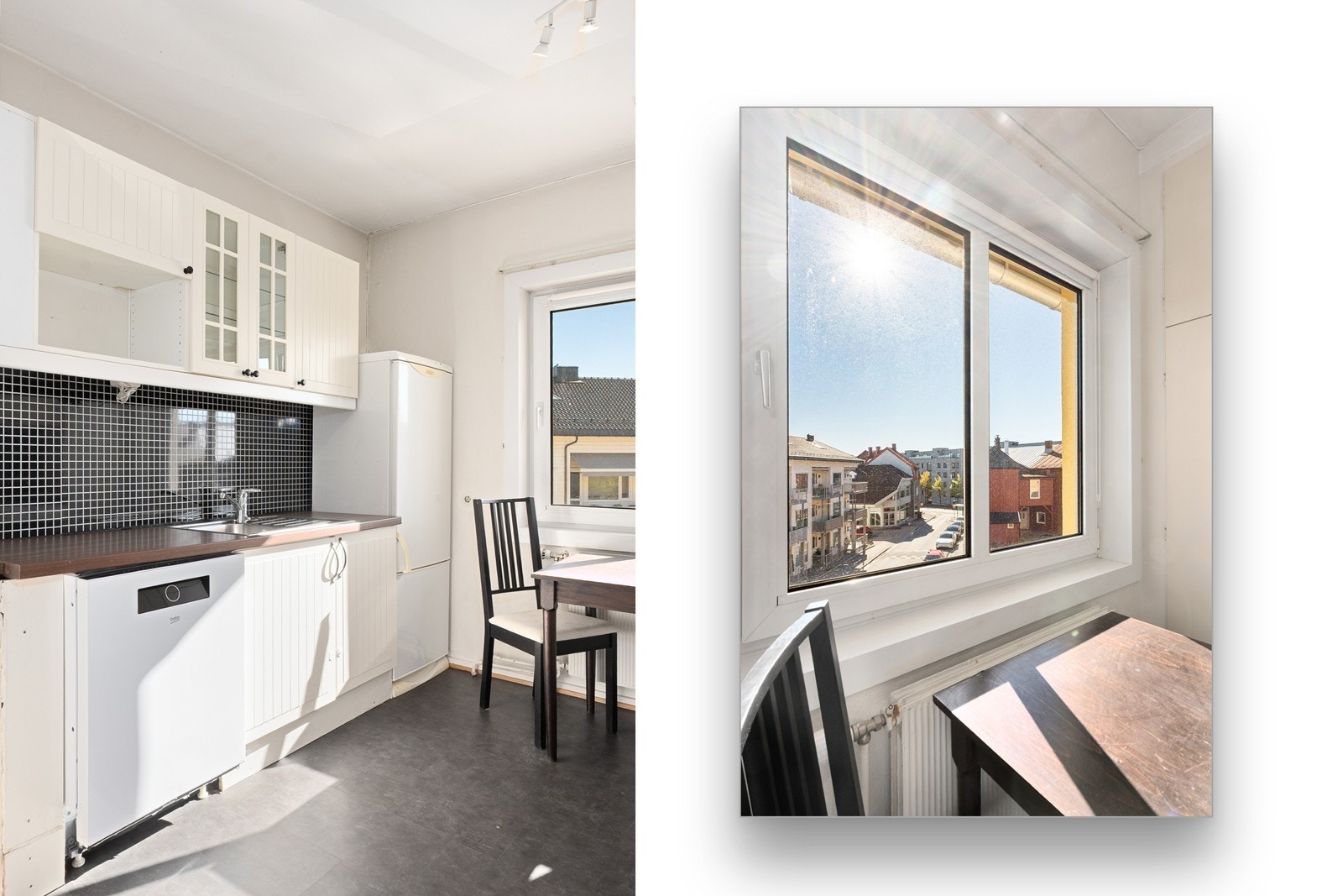 Rommet har plass til en mindre spiseplass ved et vindu som sørger for godt med naturlig lys og luftemuligheter. Galleribilde