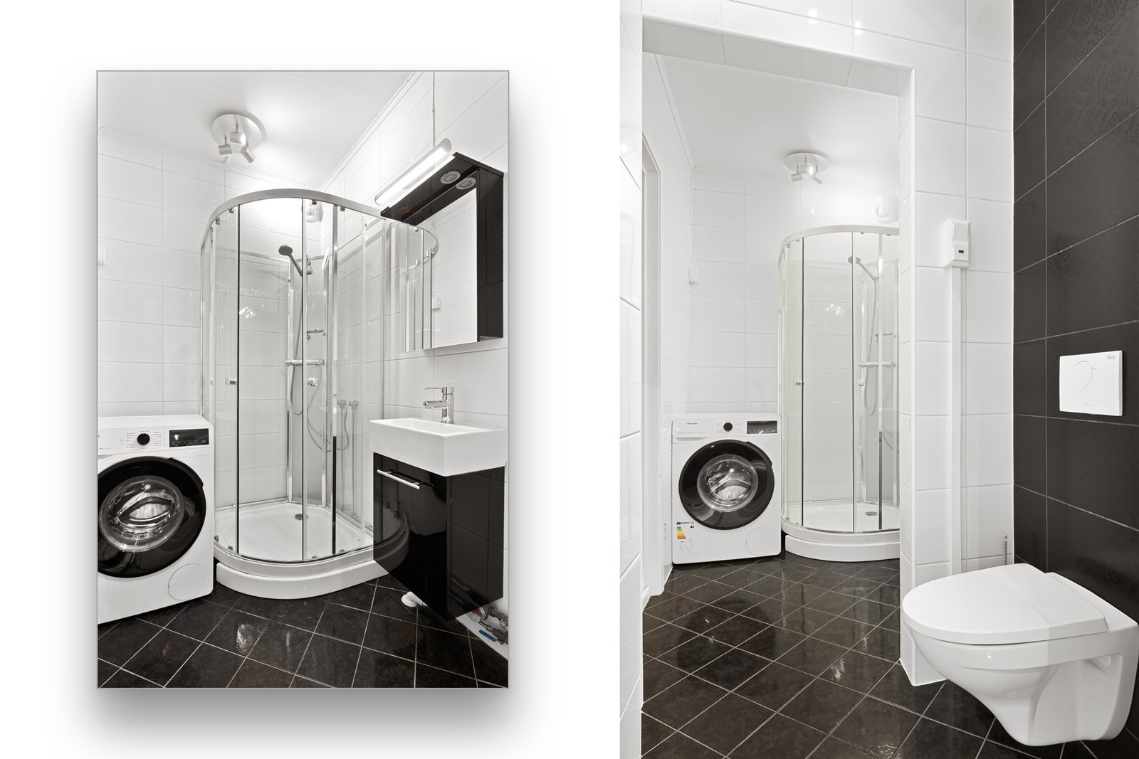 Badet er fra ukjent alder og har flislagte overflater, samt gulvvarme. Innredningen består av servant med skap, speilskap og vegghengt toalett. Galleribilde