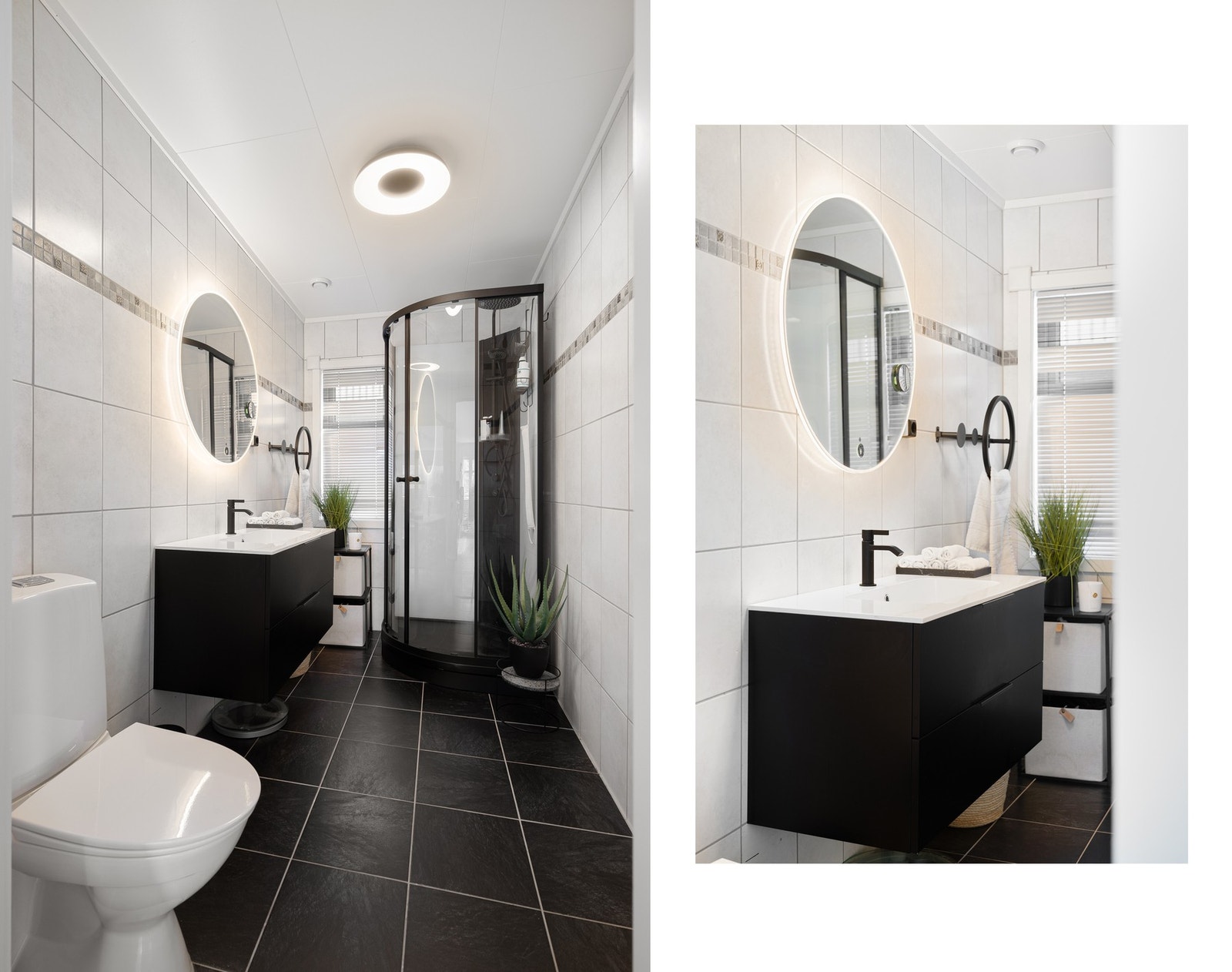 Badet har en moderne baderomsinnredning og flislagte gulv (med varmekabler) og vegger Galleribilde