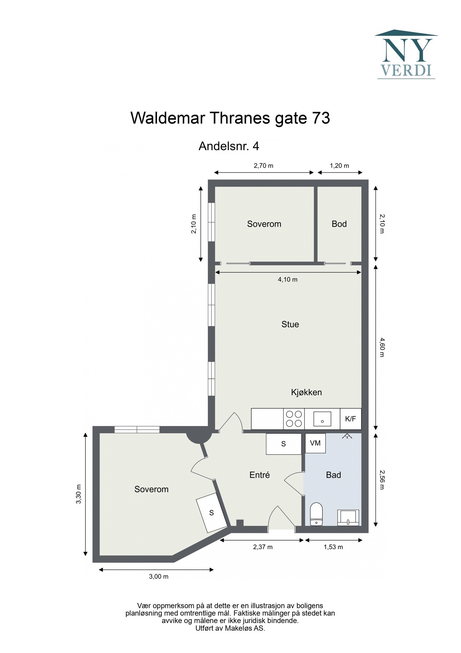 Plantegning 2. etasje. I tillegg disponerer leiligheten en bod på ca. 5,3m². Heis i bygget. Galleribilde