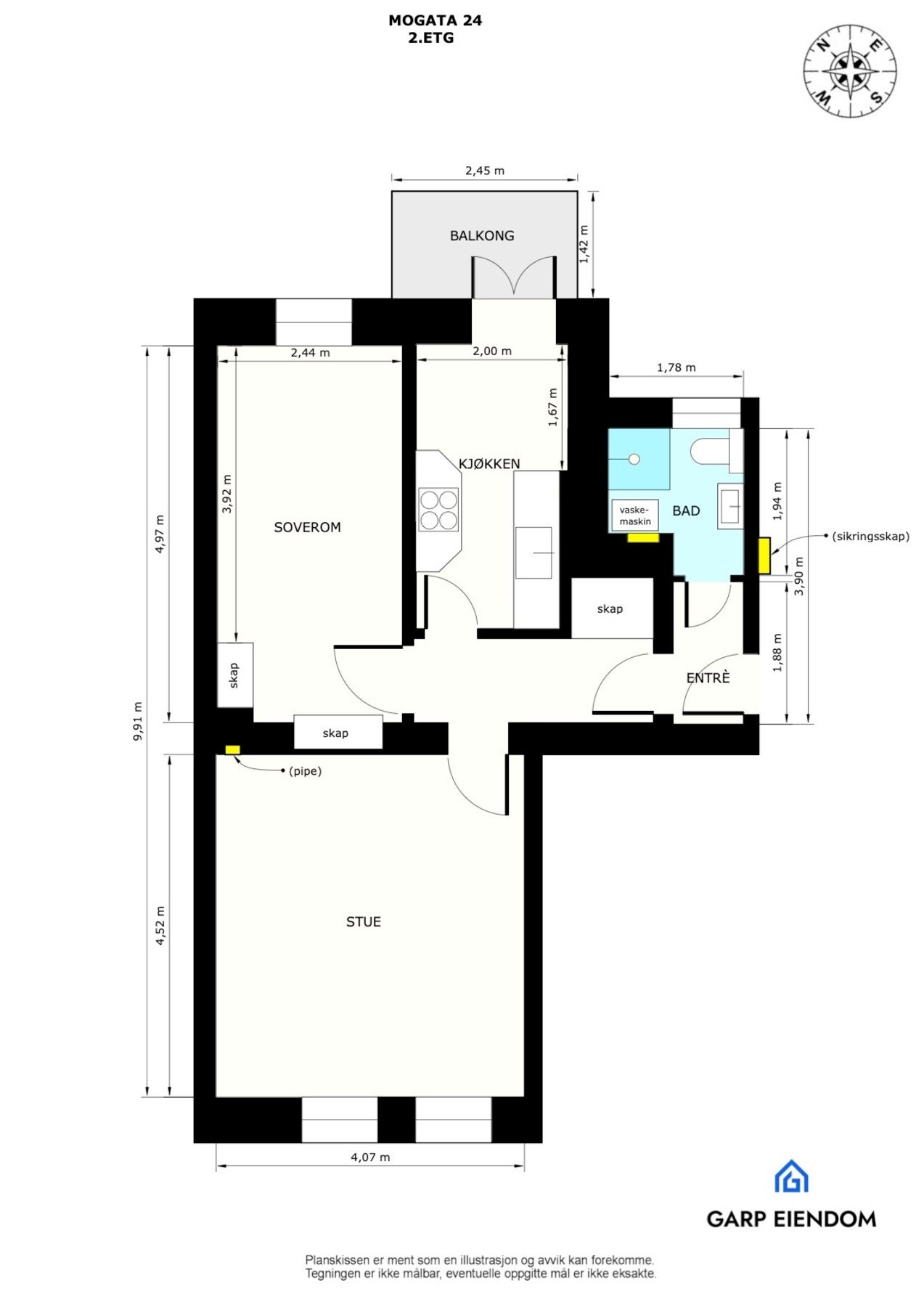 Plantegning 2. etasje. I tillegg disponerer leiligheten 2 boder, en kjellerbod på ca. 3m² og en loftsbod på ca. 4m² i gulvareal. Galleribilde