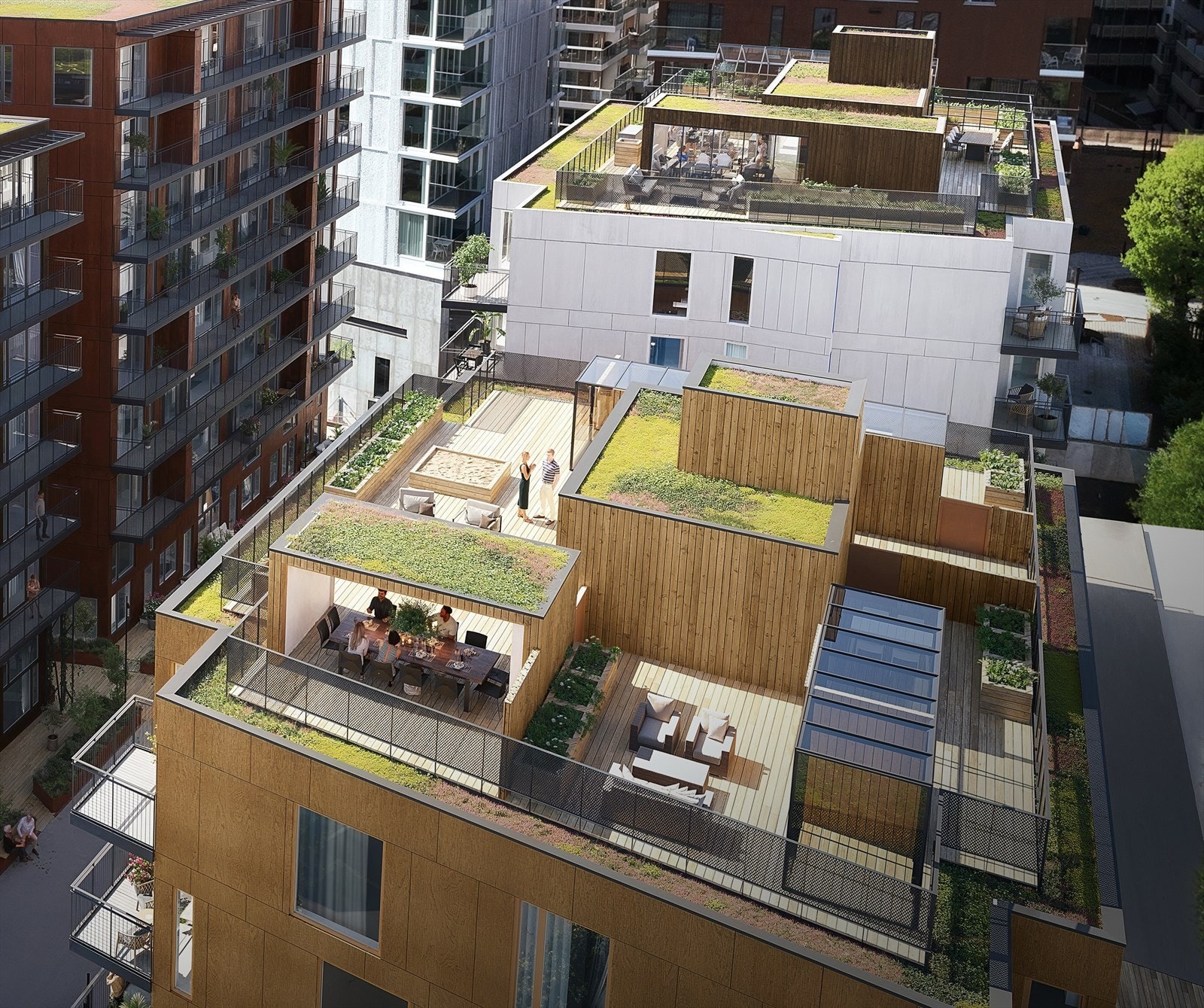 Leilighet D-H0501 har egen privat og vestvendt takterrasse. På denne illustrasjonen ligger den nederst til høyre i bildet. Illustrasjonsbilde - kan avvike fra virkeligheten. Galleribilde