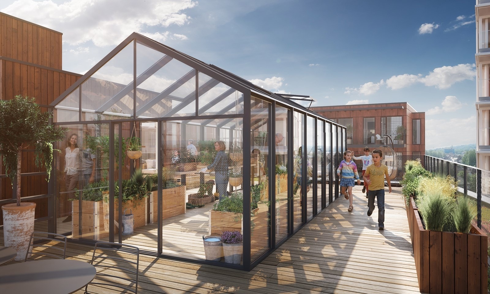 På bygg C er det felles takterrasse for alle beboere i Lux Tetra. Her finner man blant annet et drivhus. Illustrasjonsbilde - kan avvike fra virkeligheten. Galleribilde