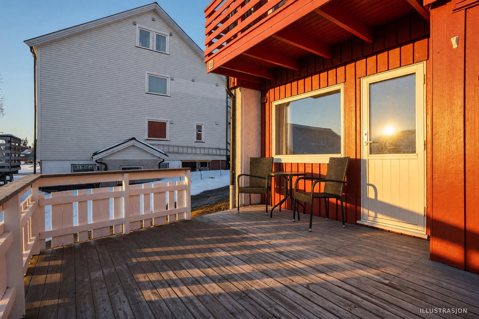 Terrasse med morra og formiddagssol.
Bildet er AI generert Galleribilde
