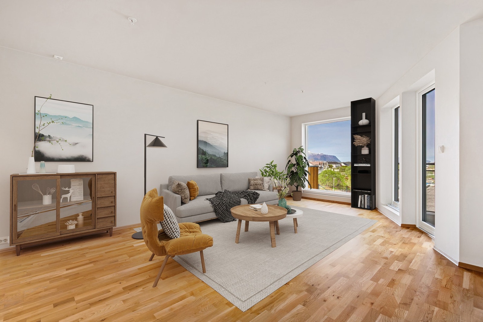 Romslig stue med naturlige soner. Digital styling. Galleribilde
