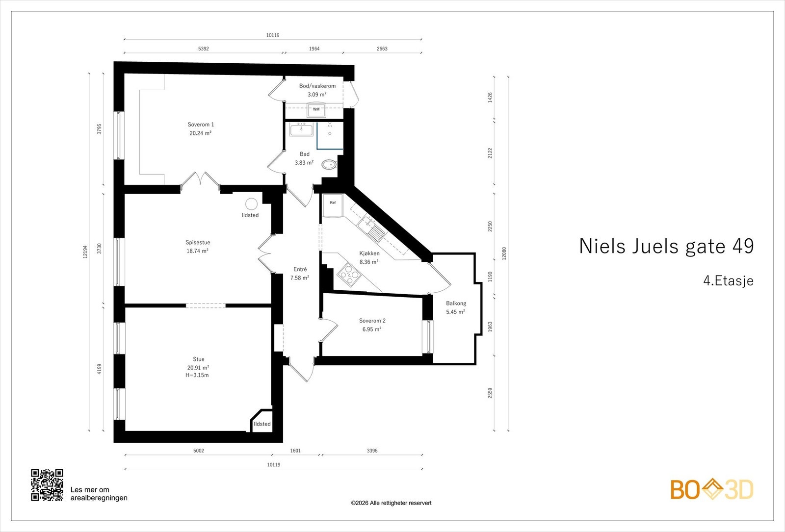 Planskisse: Boligen er gjennomgående og har god planløsning bestående av entré, kjøkken med utgang til balkong, stue, spisestue, 2 soverom, lekkert flislagt bad (2017) og eget vaskerom. Galleribilde