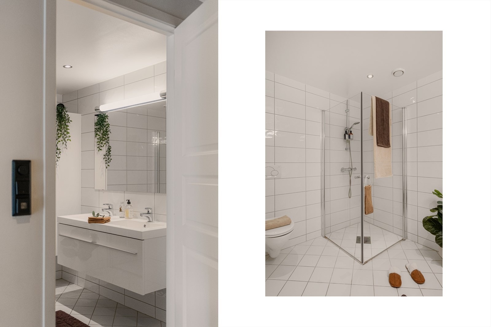 - Badet er innredet med dobbel servant med møblement, høyskap, vegghengt toalett, innfellbart dusjhjørne i glass og dusjgarnityr - Galleribilde