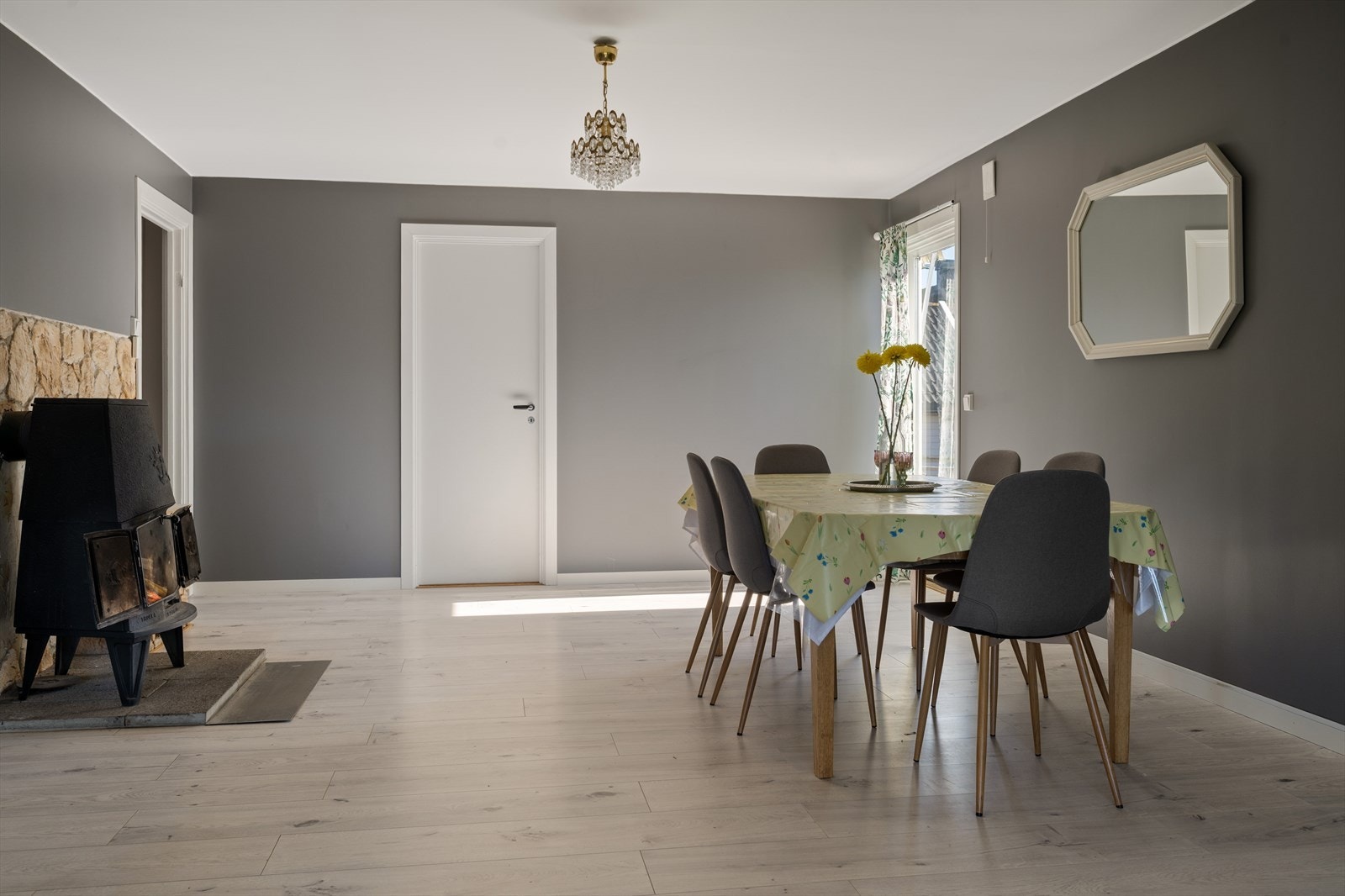 På spisestuen har du også en deilig peisovn som egner seg godt til ekstra kalde dager og hyggelige måltider. Galleribilde