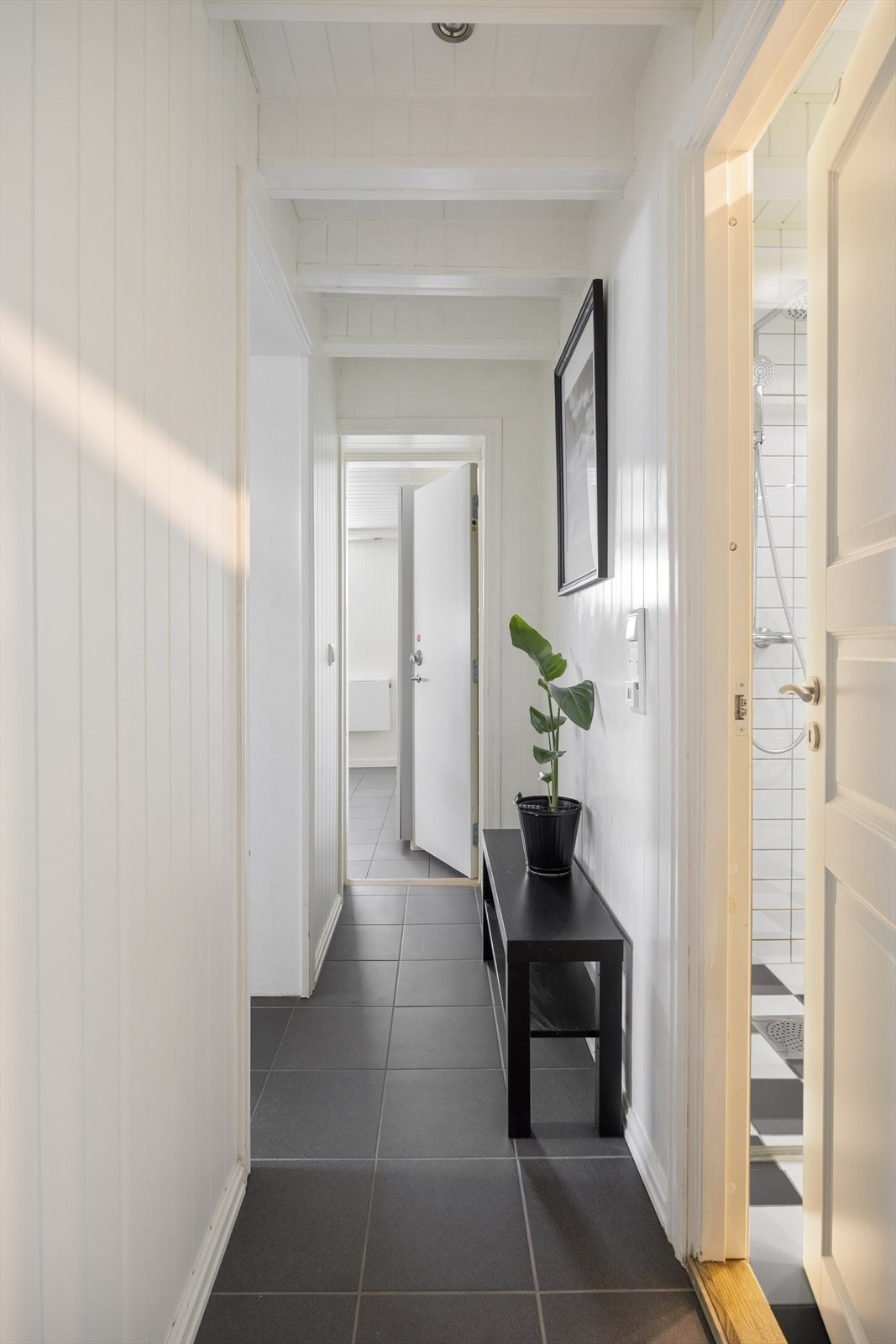 Det er inngang via brannsluse fra boligens underetasje til den delen som i dag er innredet som hybel. Galleribilde