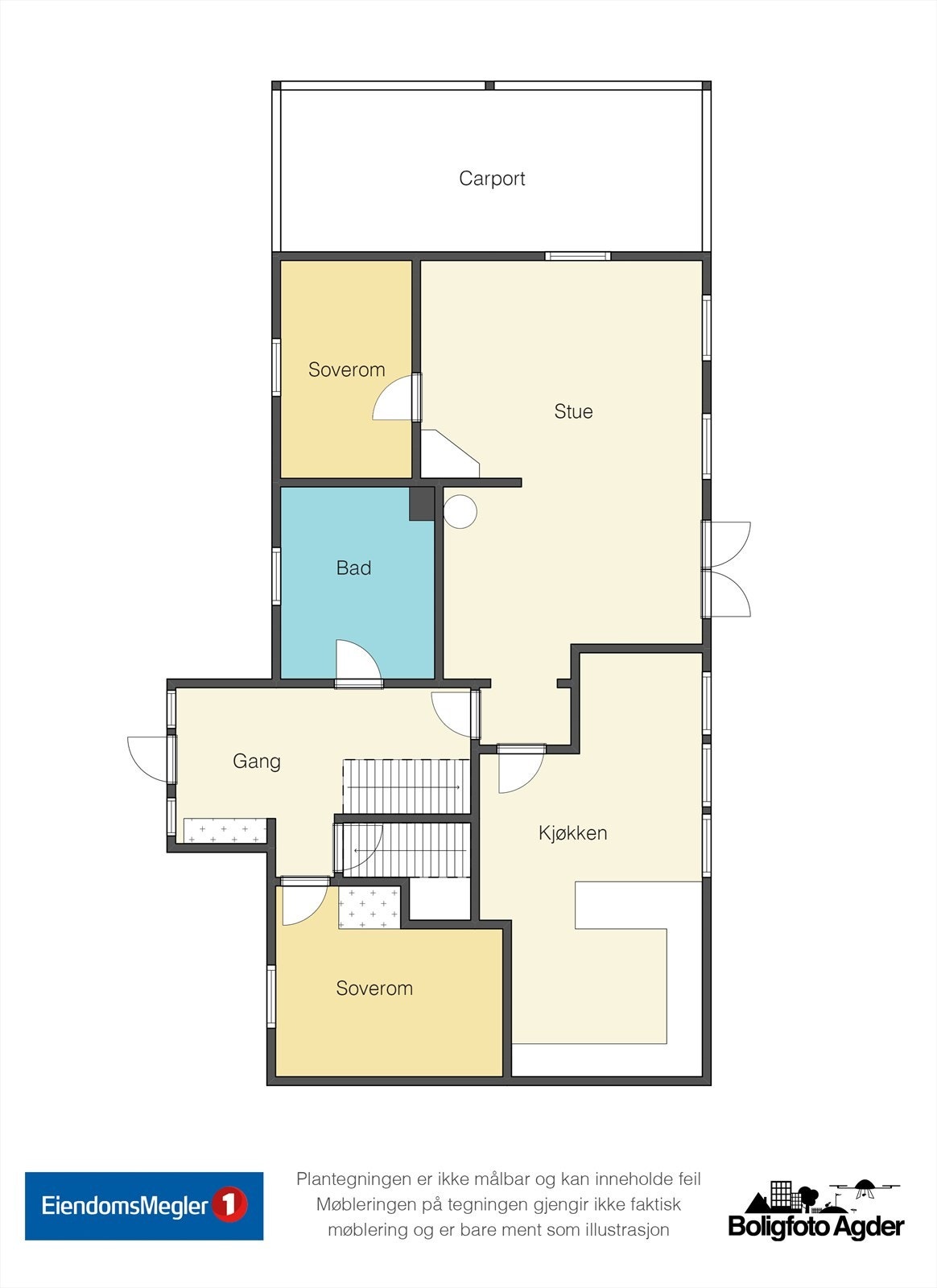 Hovedetasjen har en familievennlig planløsning med stue, kjøkken, bad, kontor/soverom og et soverom. Galleribilde