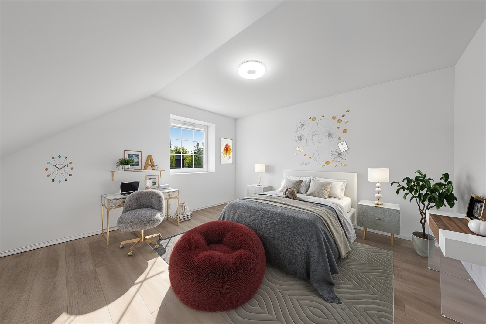 Ett av tre soverom i andre etasje, med god plass til seng og arbeidsplass. (digitalt stylet) Galleribilde