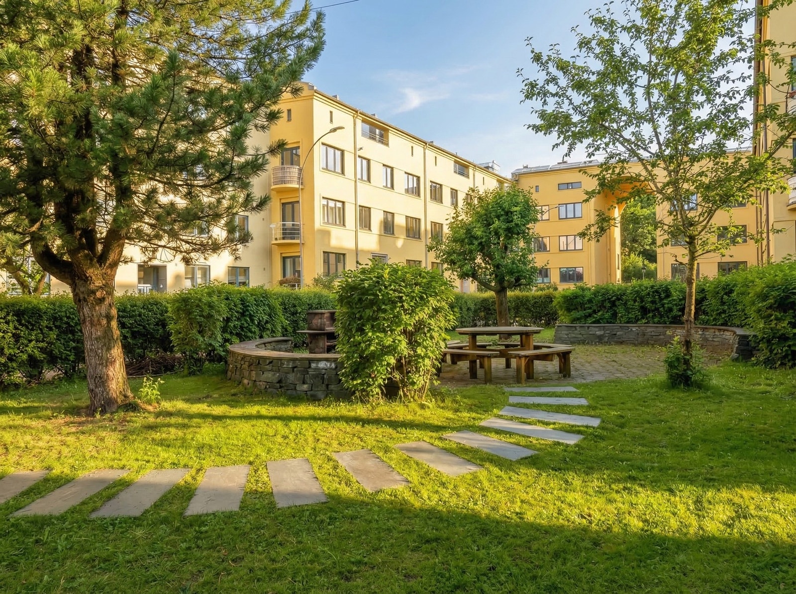 Uteområdene er pent opparbeidet, i tillegg til at det er satt opp store sykkelskur for beboerne. Galleribilde