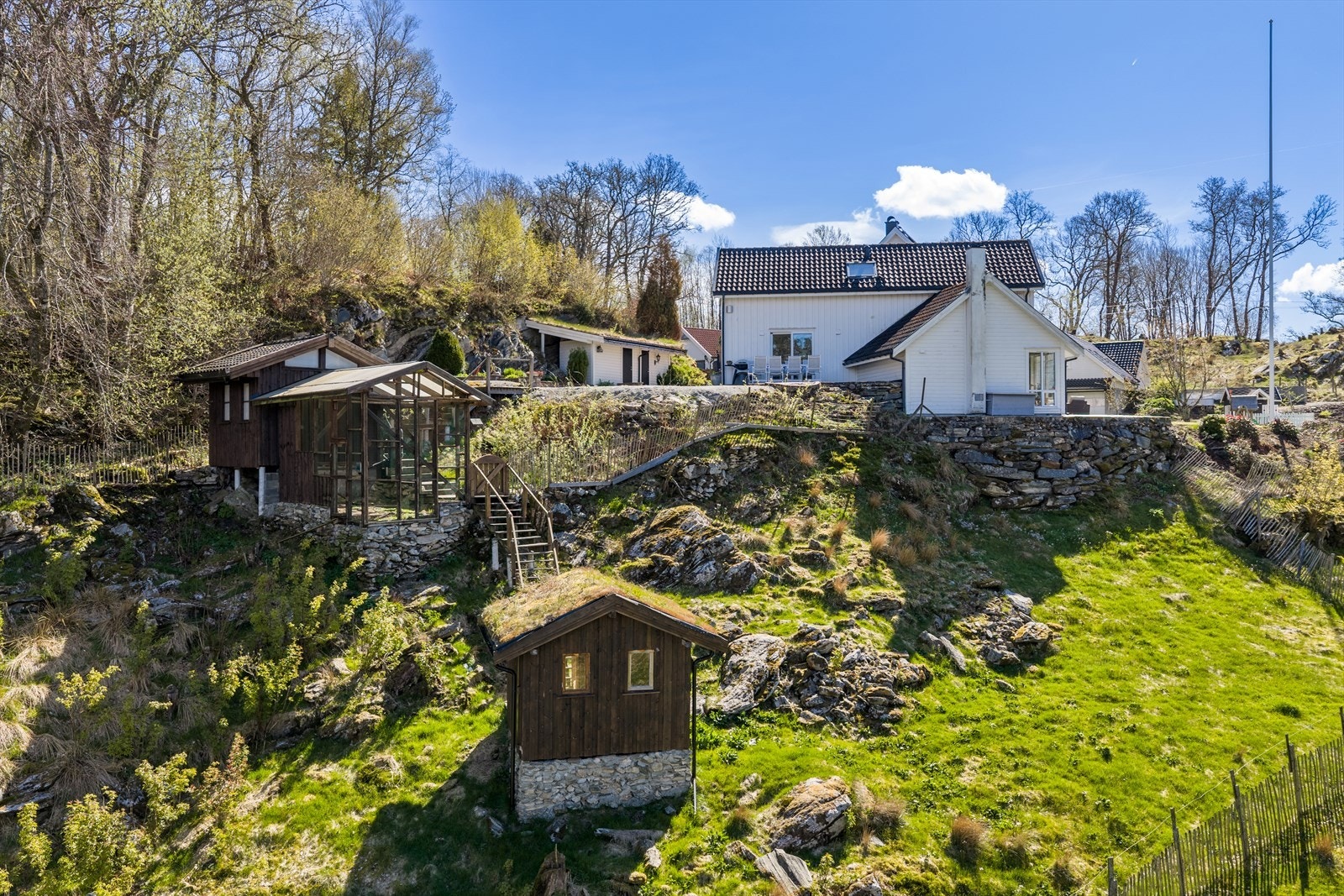 Eiendommen ligger i et skrånet terreng ned mot vannet. Galleribilde