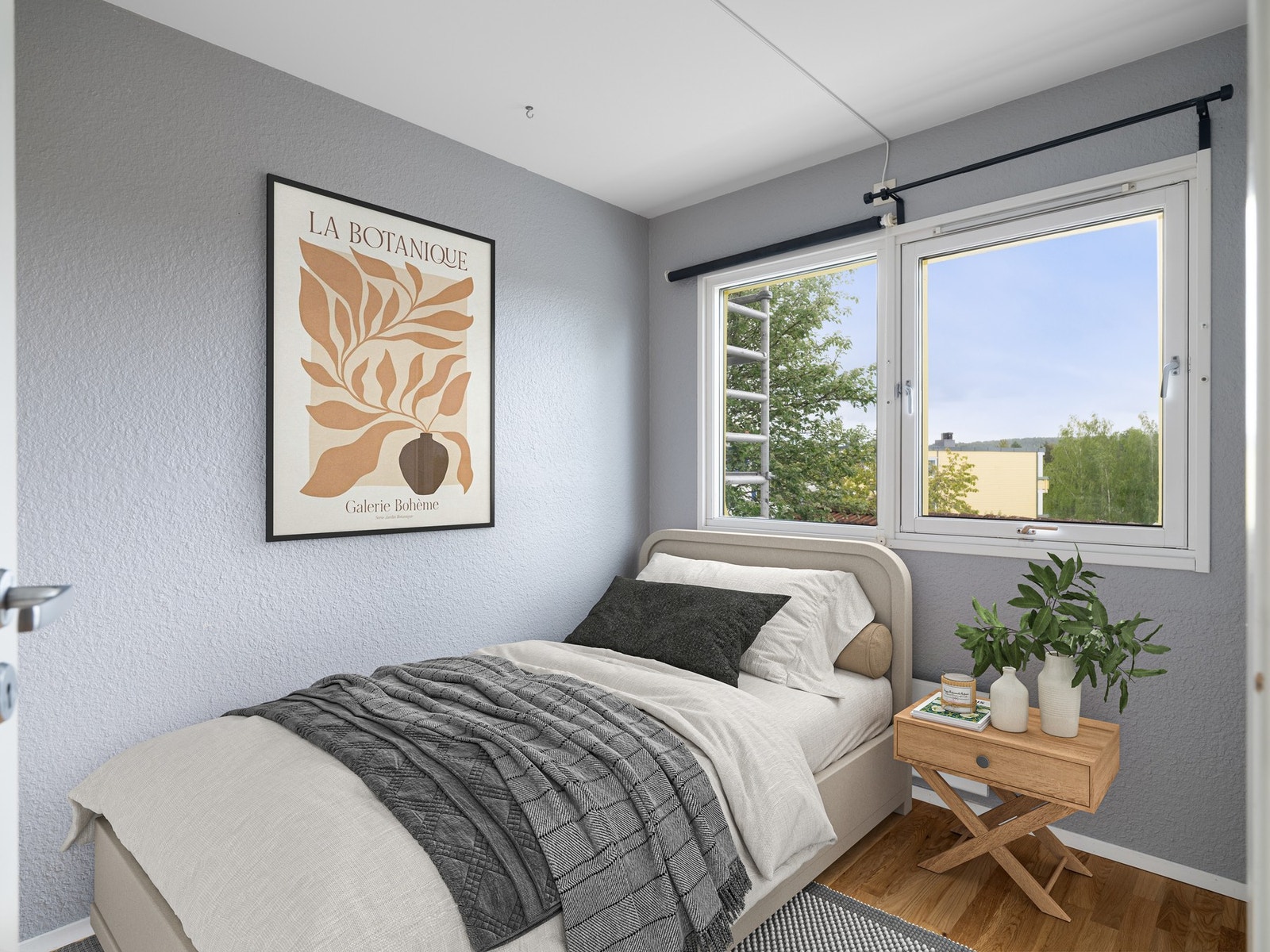 Soverom 2 med plass til seng og garderobe. Bilde med digital styling. Galleribilde